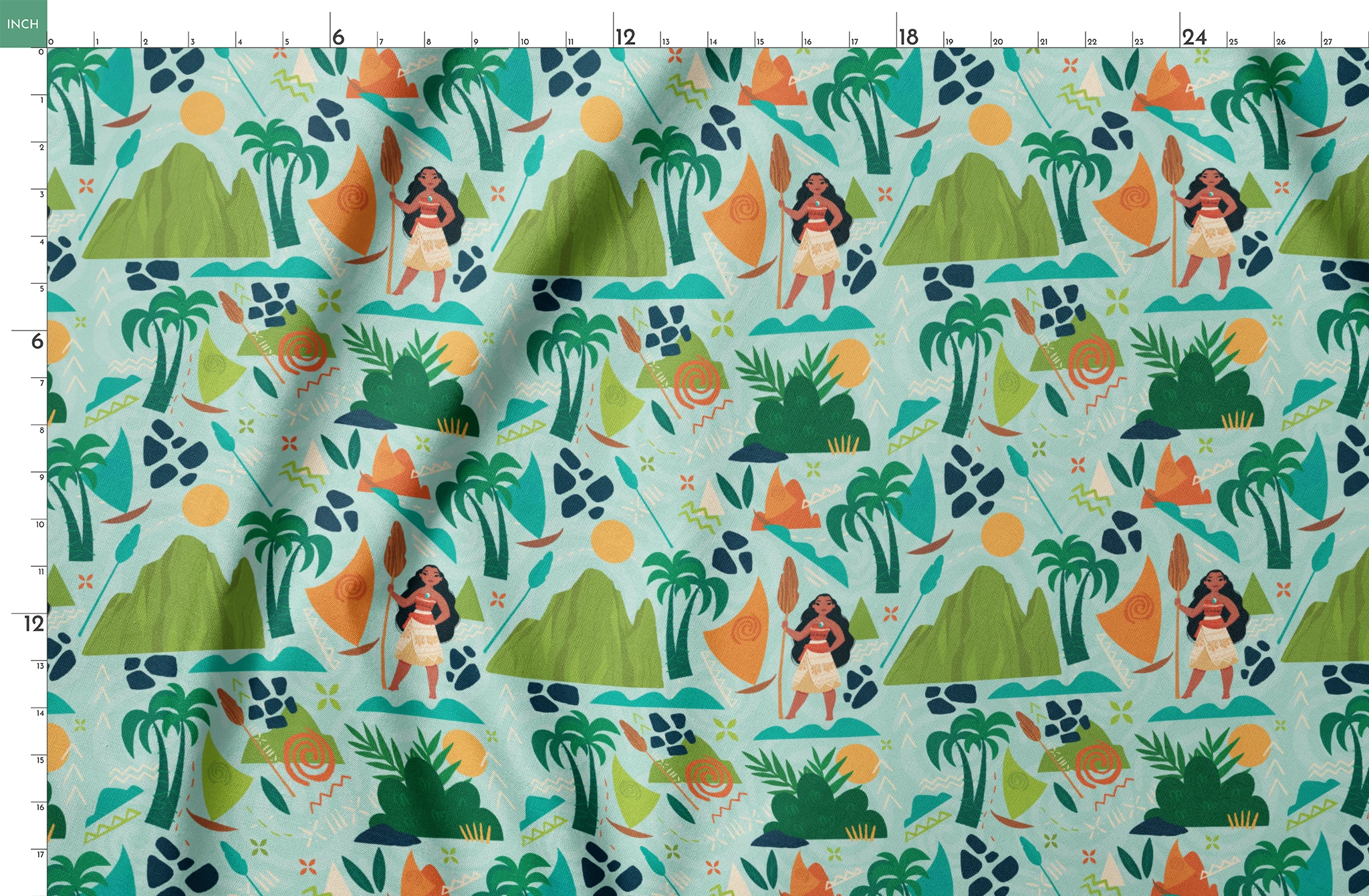 Tropical pattern with palm trees, mountains, sailboats and Polynesian-inspired motifs on mint green springs fatquarter mockup