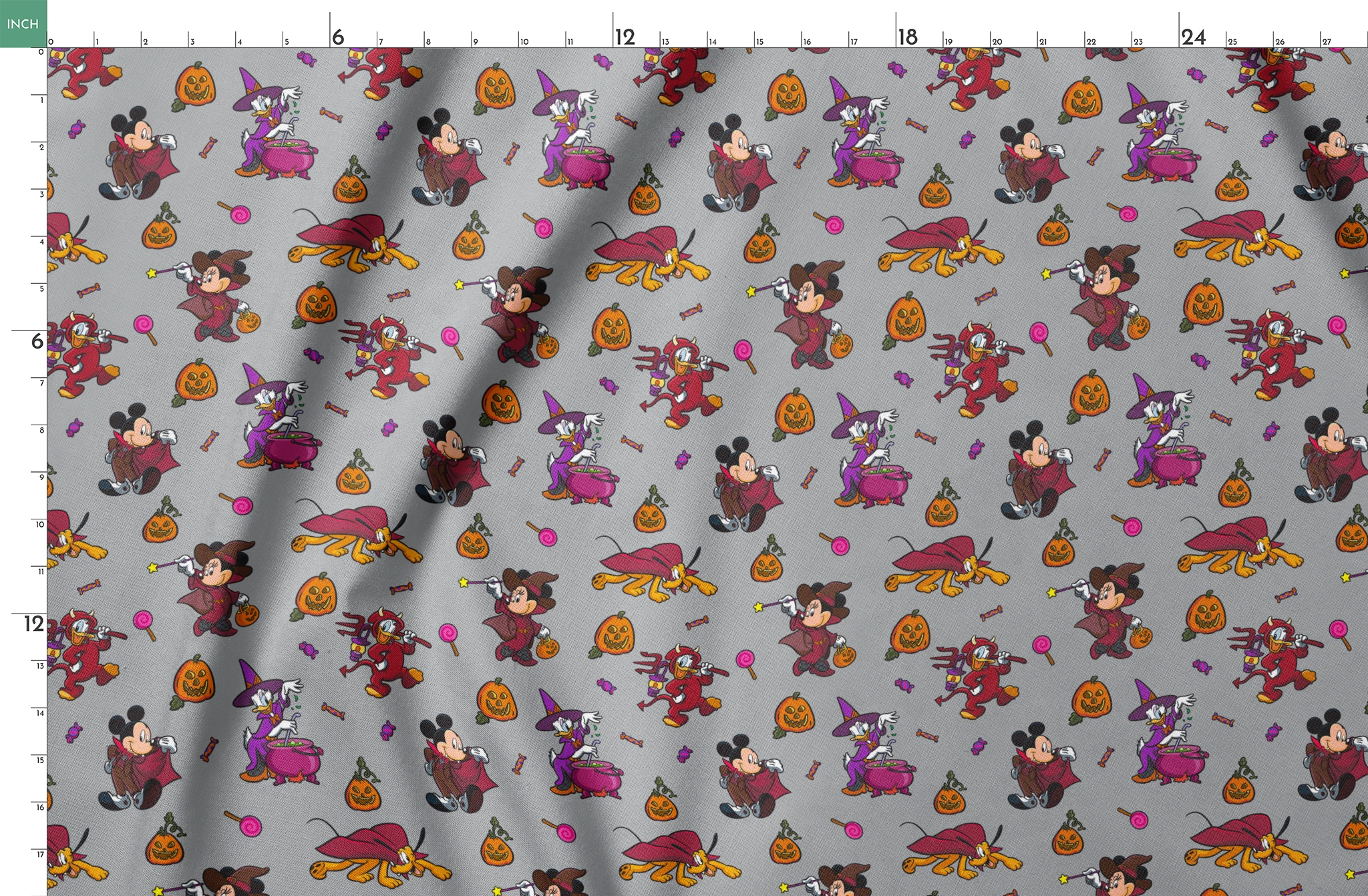 Halloween-themed cartoon pattern with Mickey Mouse characters in costumes, pumpkins, candy, and cauldrons on gray background springs fatquarter mockup