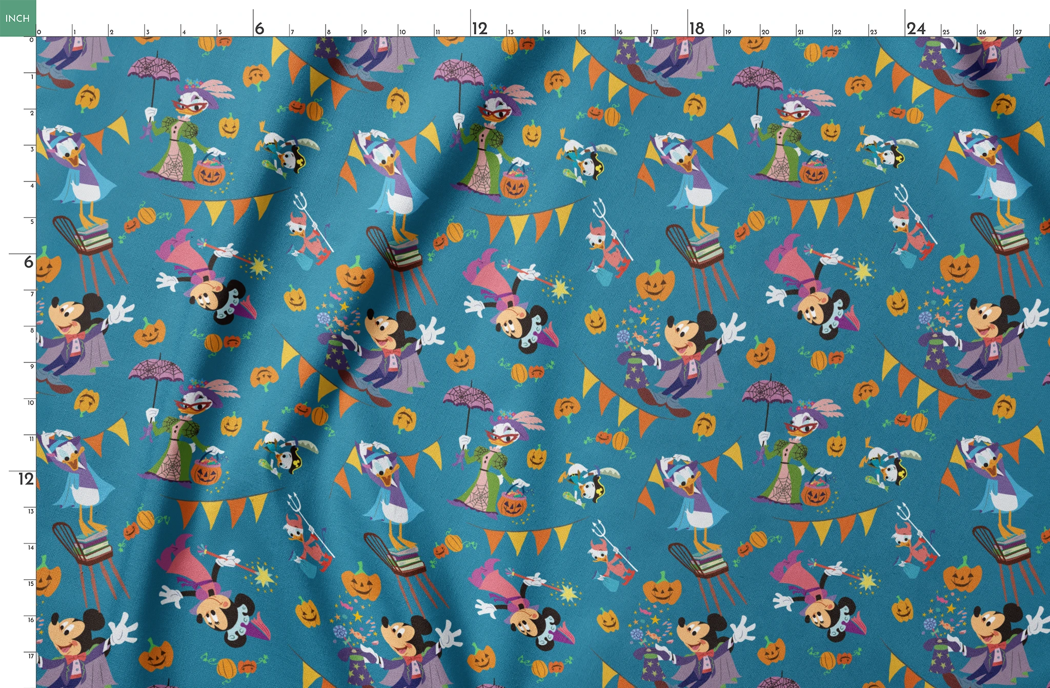Whimsical Halloween pattern with Disney characters in costumes, pumpkins, and orange bunting on teal background. springs fatquarter mockup