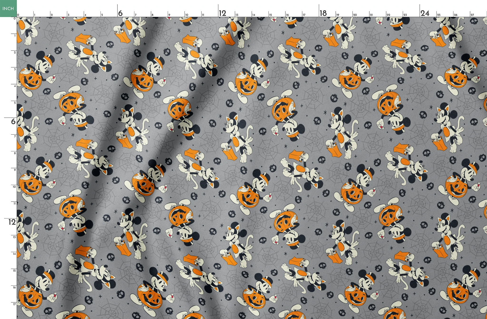 Cartoon dog characters in Halloween costumes with pumpkins on gray background with spider webs and skulls springs fatquarter mockup