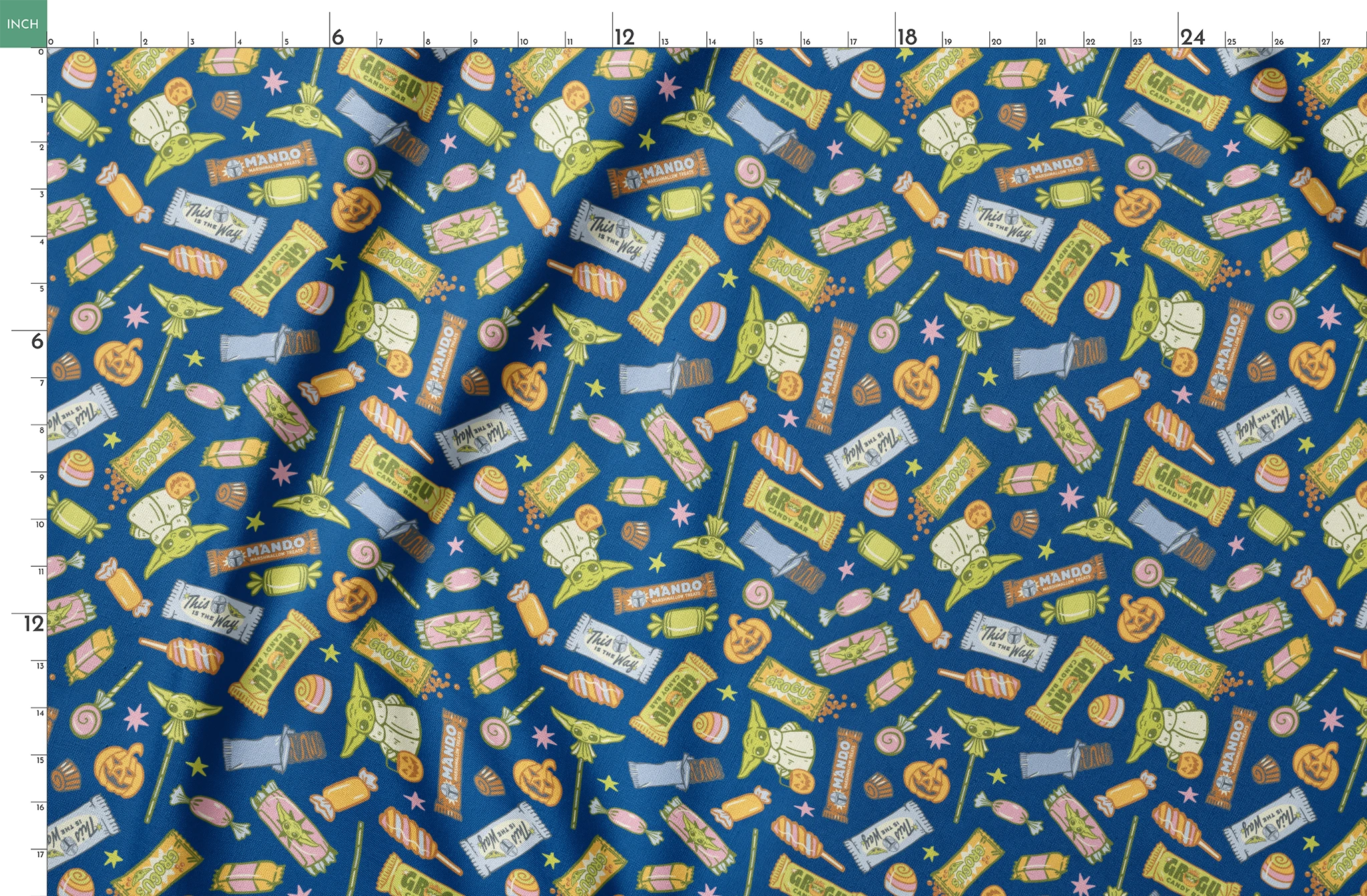 Colorful candy pattern with wrapped sweets, lollipops, and treats on dark blue background springs fatquarter mockup