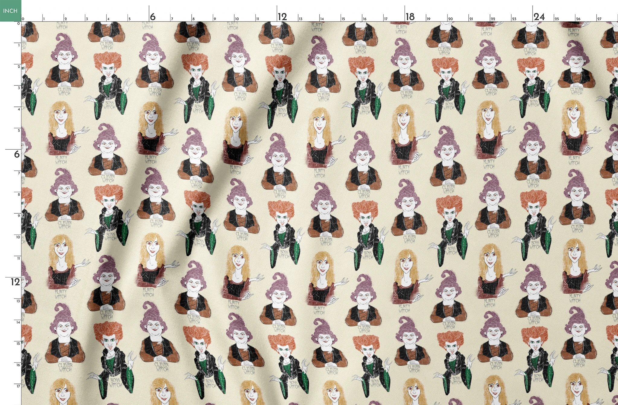 Pattern of illustrated witch characters with different styling - purple hat witch, green-dressed witch, and blonde witch with varying colors and poses springs fatquarter mockup