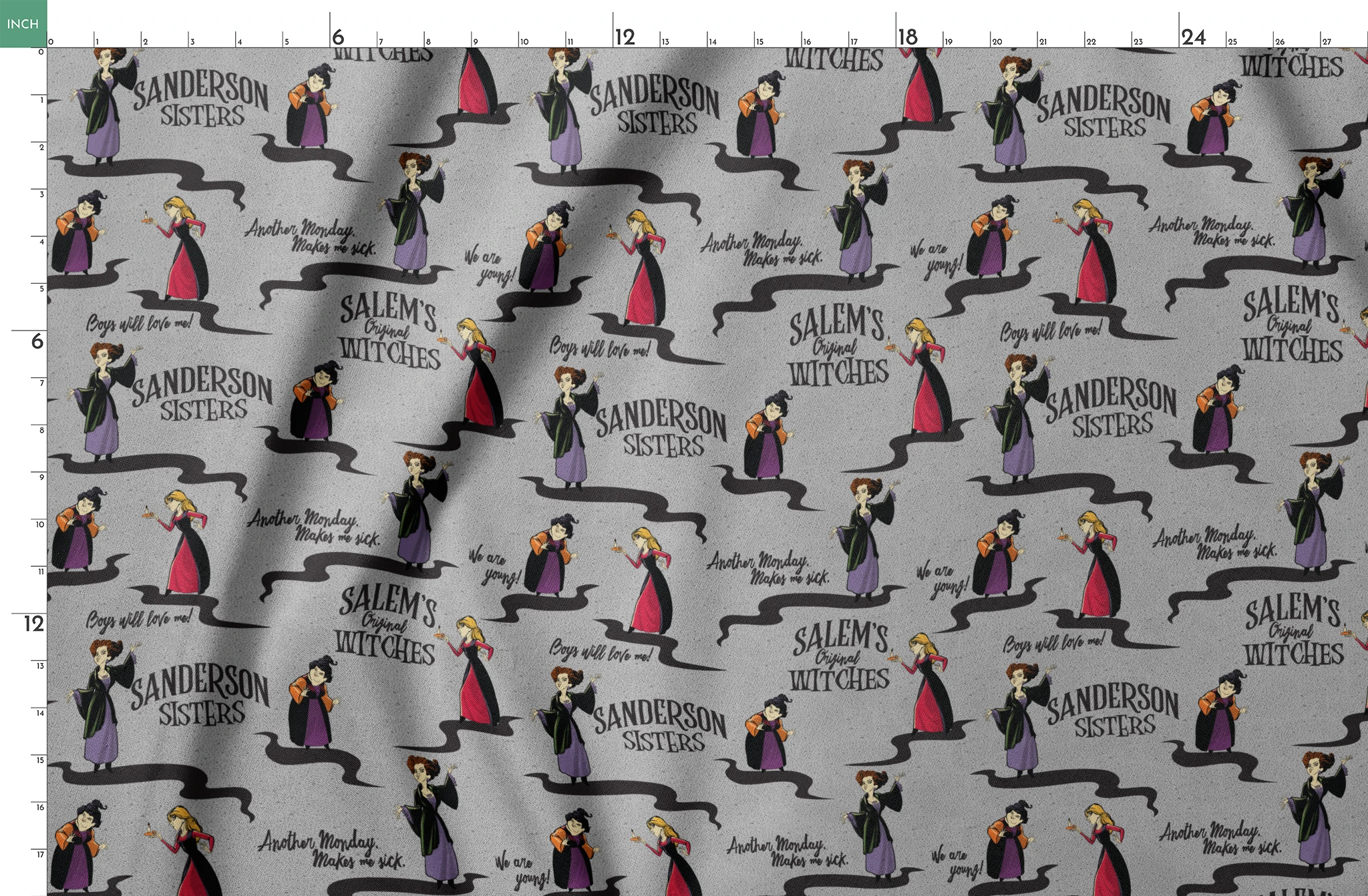 Sanderson Sisters pattern from Hocus Pocus with cartoon witches in purple and red dresses on gray background springs fatquarter mockup