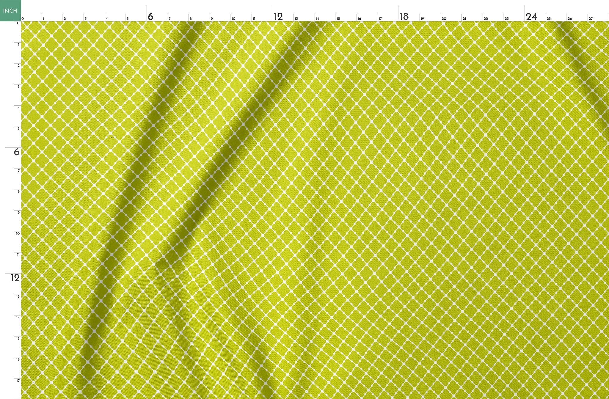 Chartreuse green quatrefoil pattern on white background, forming a geometric lattice design springs fatquarter mockup
