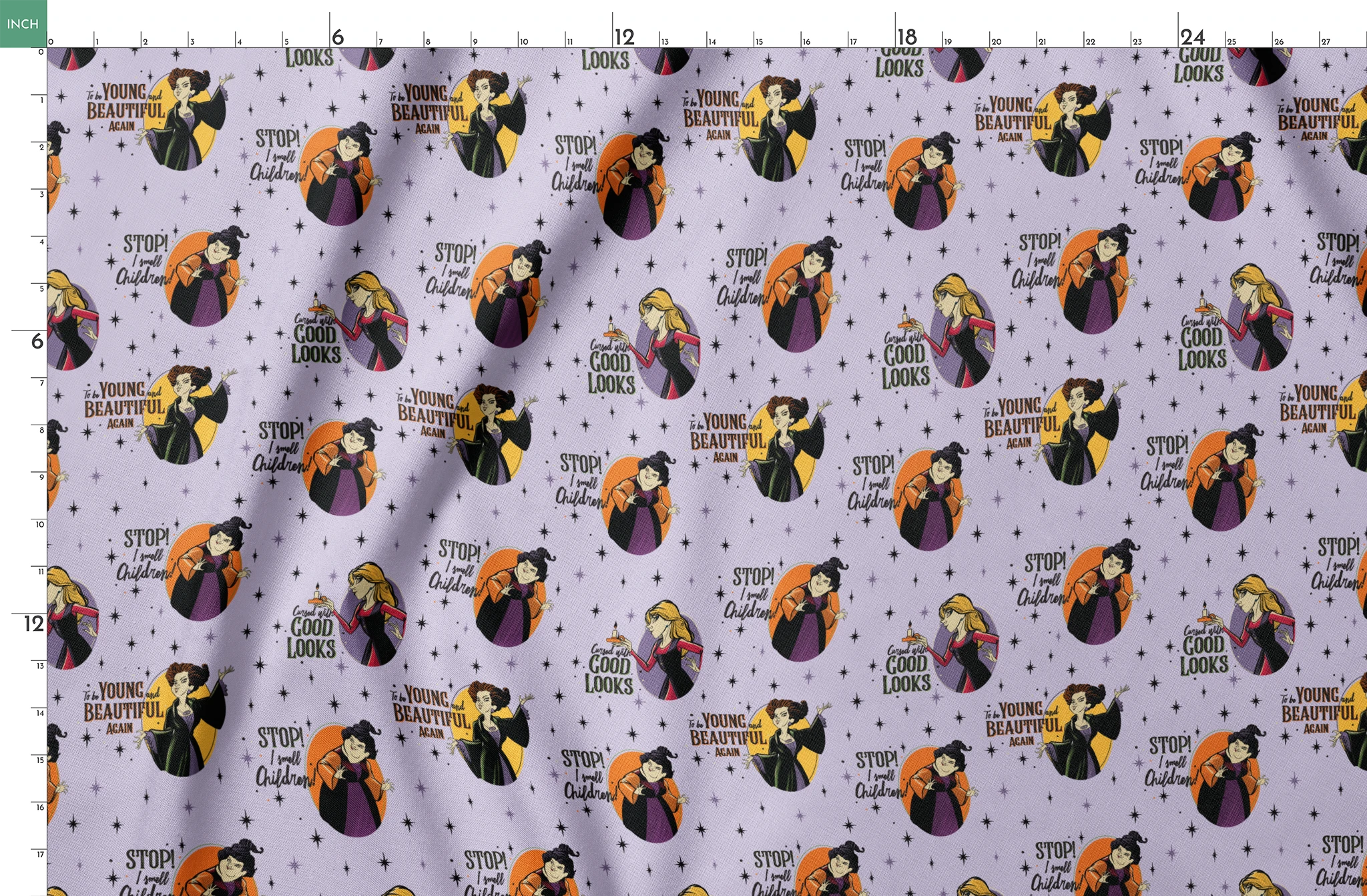 Disney villains pattern with circular portraits on purple starry background featuring animated characters and quote catchphrases springs fatquarter mockup