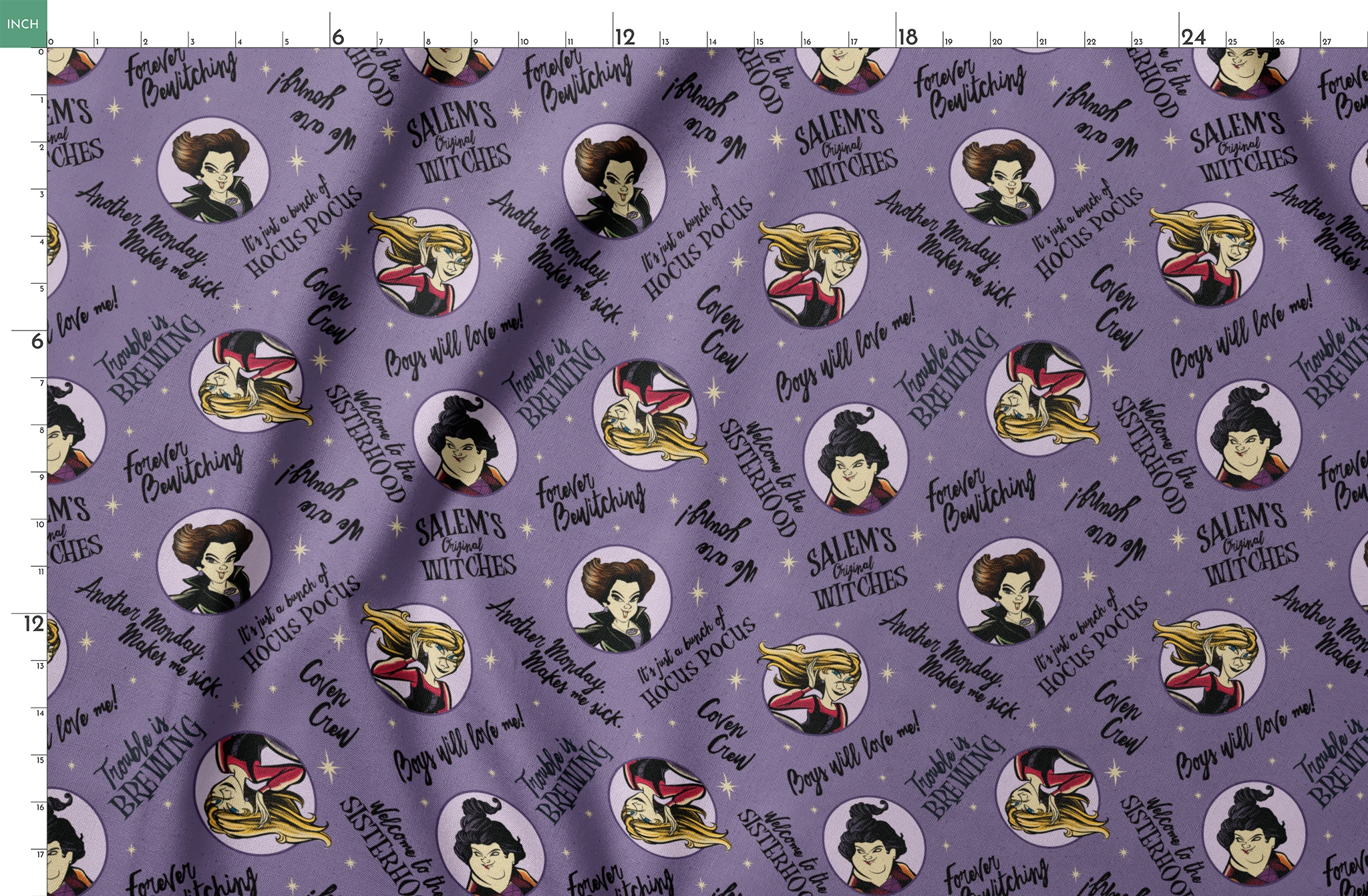 Purple background pattern with cartoon witches in circles, magical phrases and stars scattered throughout in black text springs fatquarter mockup