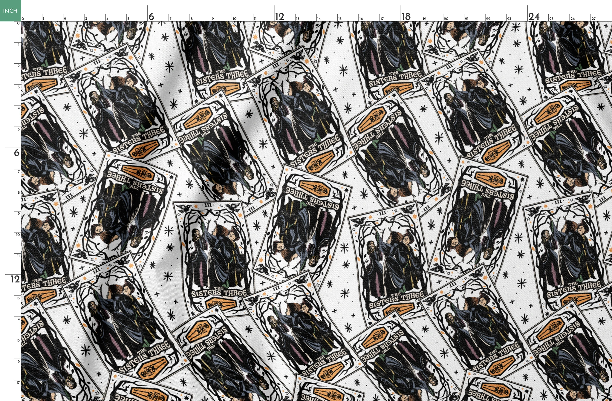 Scattered Hocus Pocus cards showing robed figures against white background with stars springs fatquarter mockup