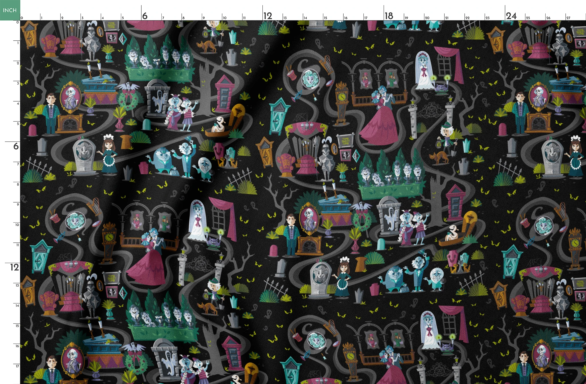 Dark background collage of colorful haunted house elements with ghosts, skeletons, potion bottles, and spooky characters in a whimsical pattern springs fatquarter mockup