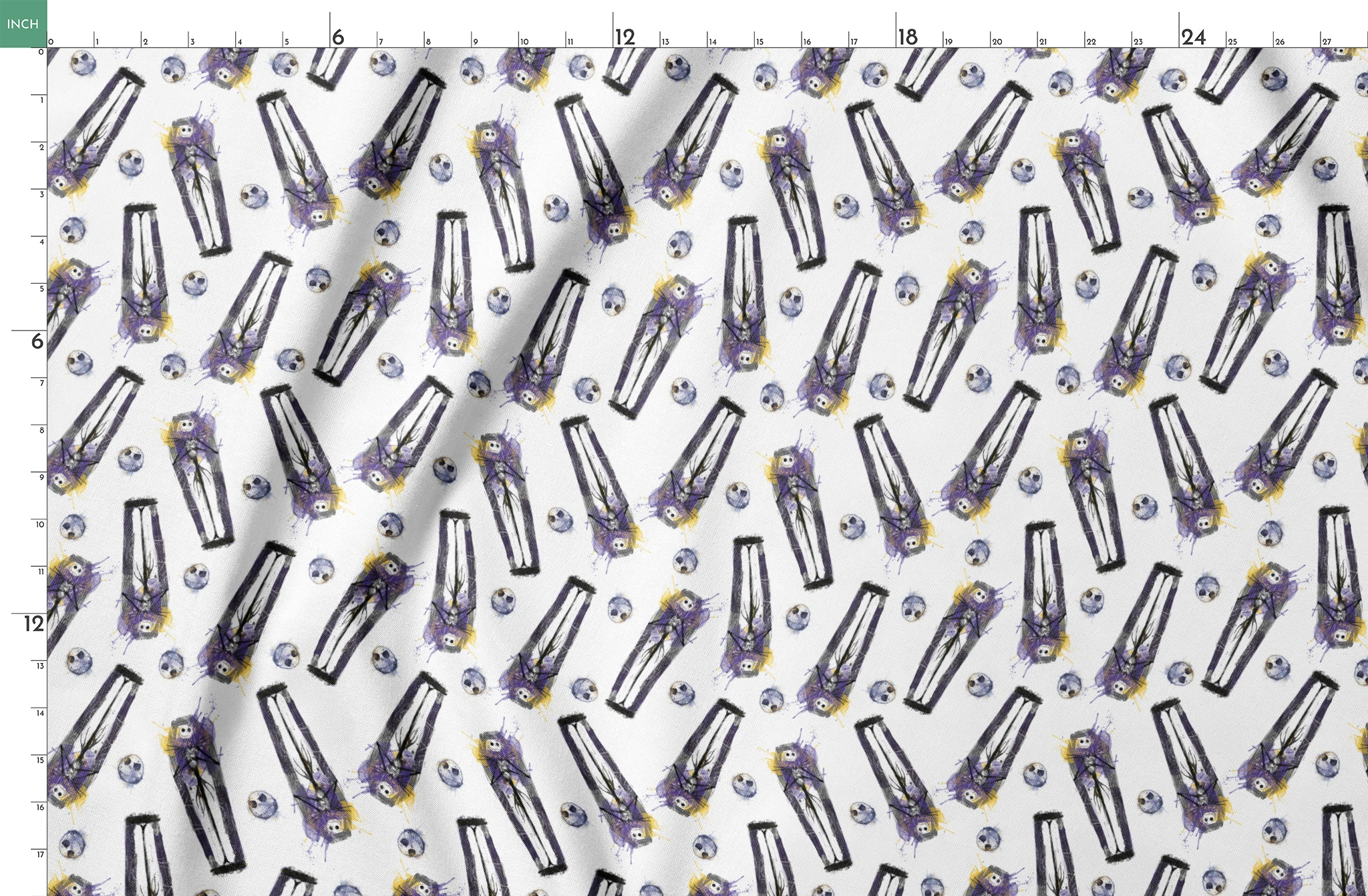 Repeating pattern of stylized gothic figures in black and purple with skull-like faces on white background springs fatquarter mockup