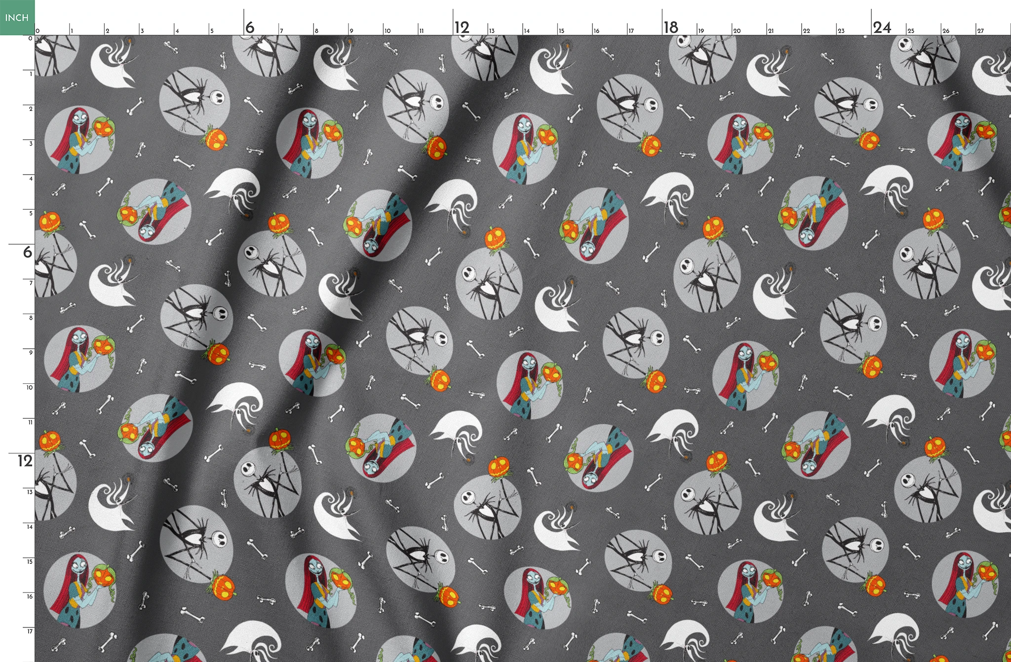 Nightmare Before Christmas themed pattern with Sally and Jack Skellington, pumpkins, bones, and ghostly designs on gray background springs fatquarter mockup