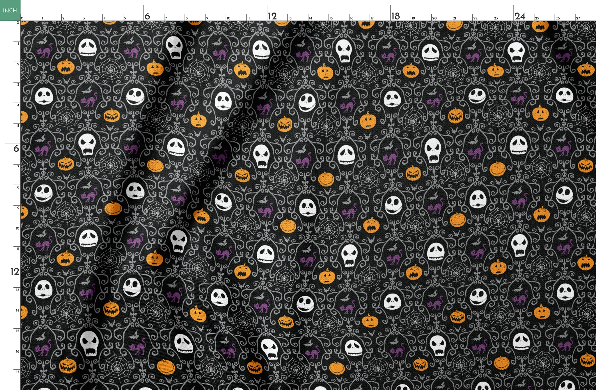 Nightmare Before Christmas pattern with skulls, pumpkins, bats and ornate swirls on black background springs fatquarter mockup