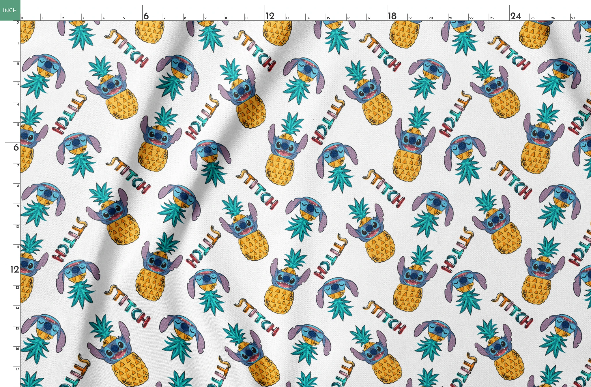 Colorful pattern of cartoon blue creatures with long ears inside pineapples, with "Stitch" text springs fatquarter mockup
