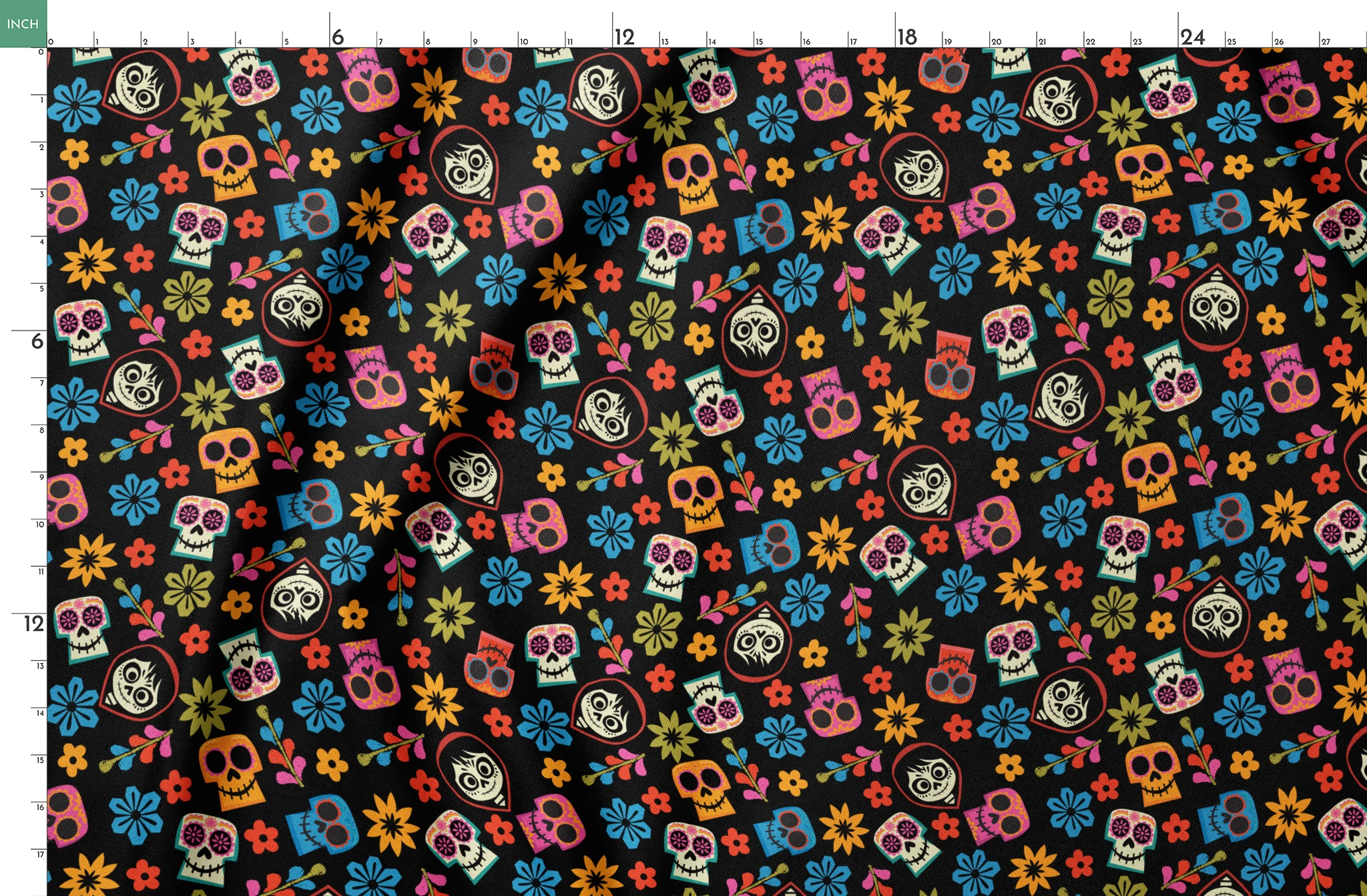 Colorful Coco sugar skull pattern with floral designs on black background for Day of the Dead springs fatquarter mockup