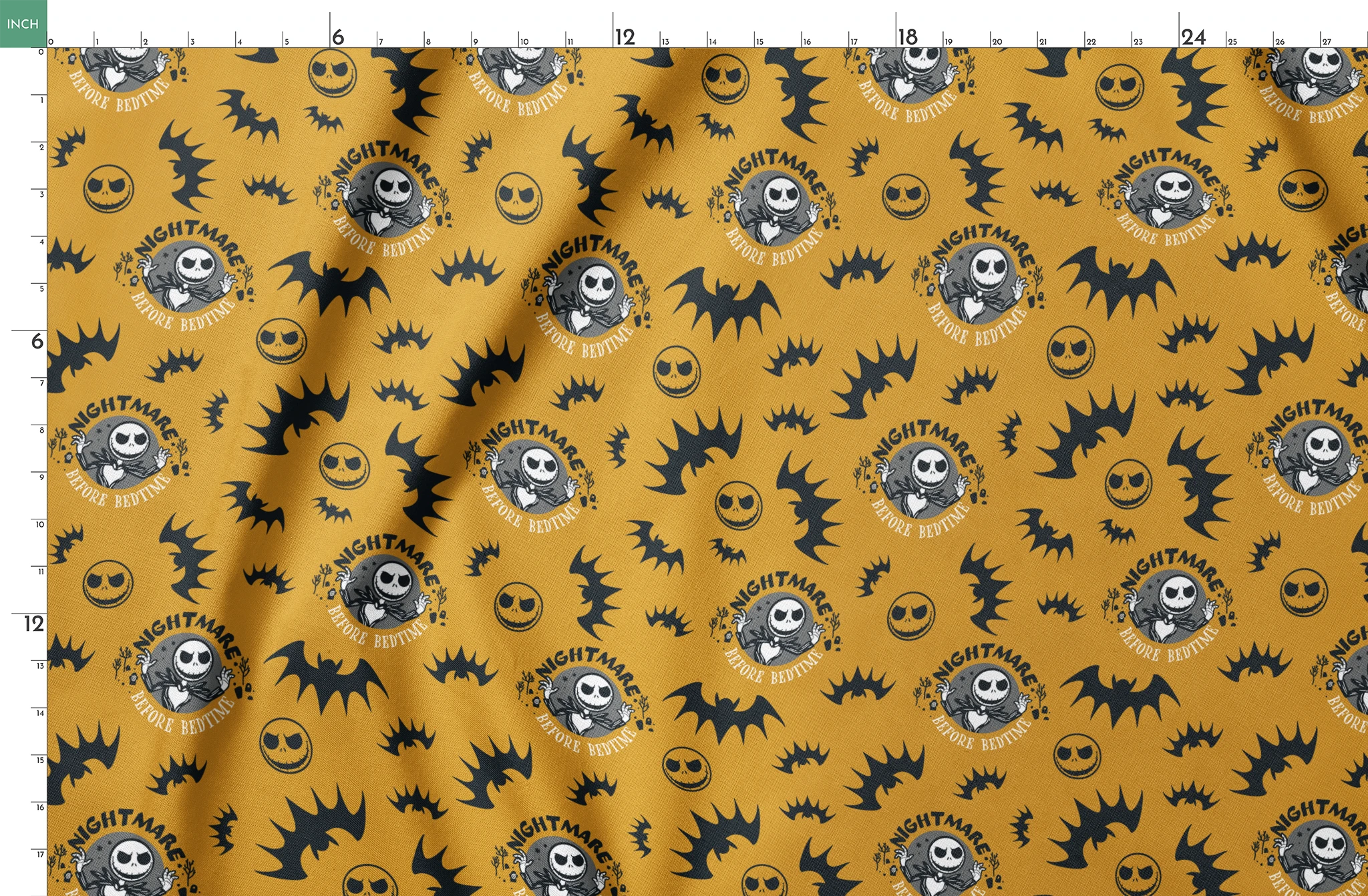 Halloween pattern with skeletal figure, "Nightmare" text, yellow background, black bats and smiling faces springs fatquarter mockup