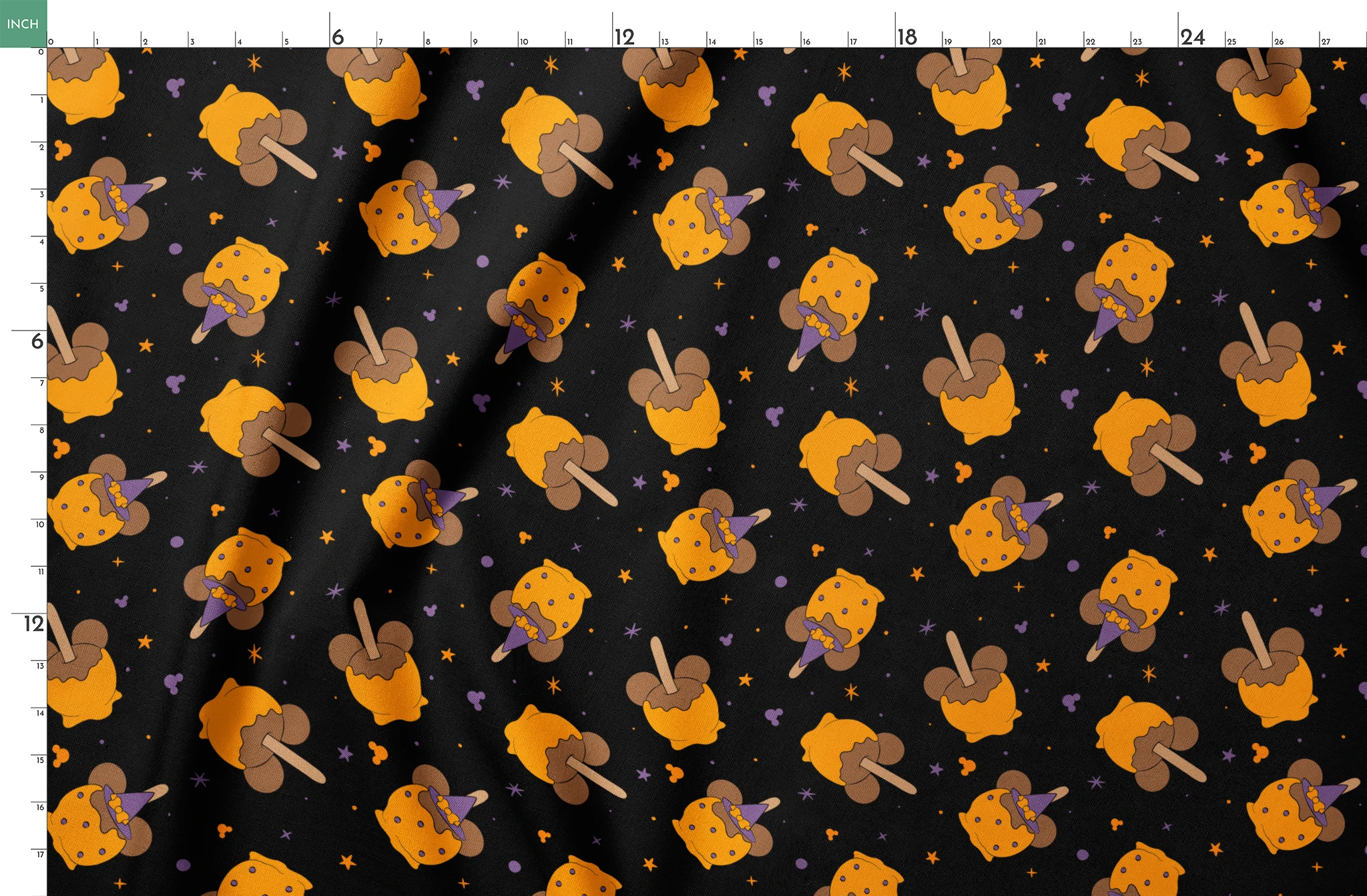 Disney-inspired caramel apples and candy apples floating in a space-like black background with purple stars. springs fatquarter mockup