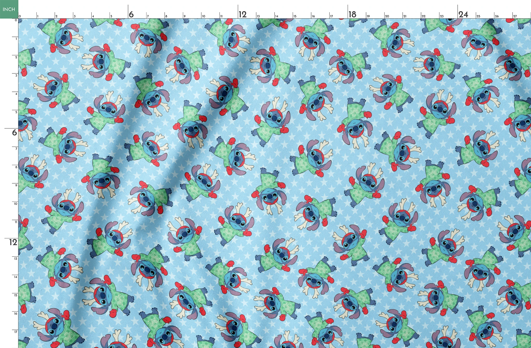 A repeating pattern of Disney's Stitch in holiday outfits with Christmas trees on light blue snowflake background. springs fatquarter mockup