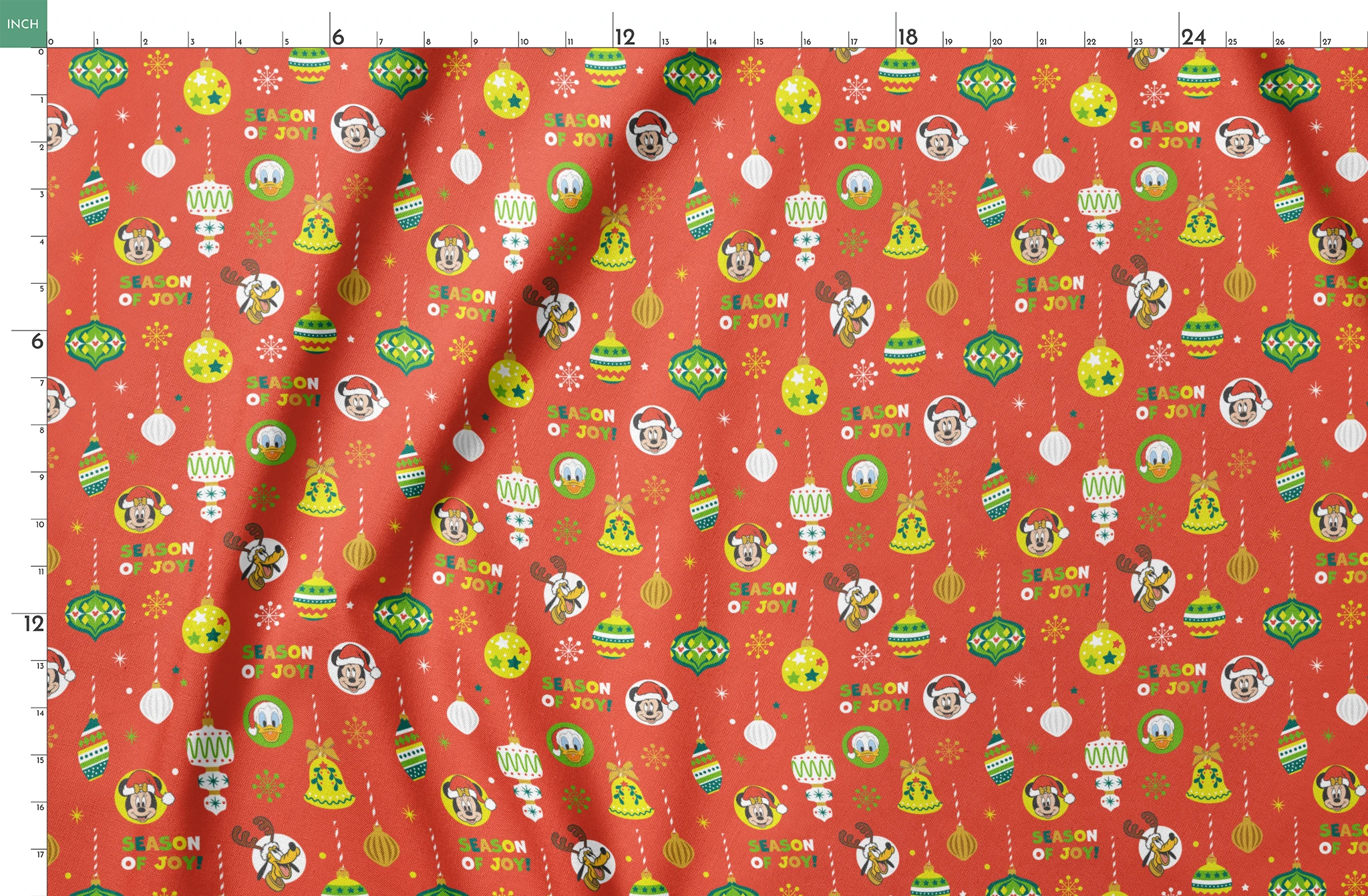 Christmas ornament pattern with colorful baubles, bells, snowflakes and Mickey Mouse characters on bright red background springs fatquarter mockup