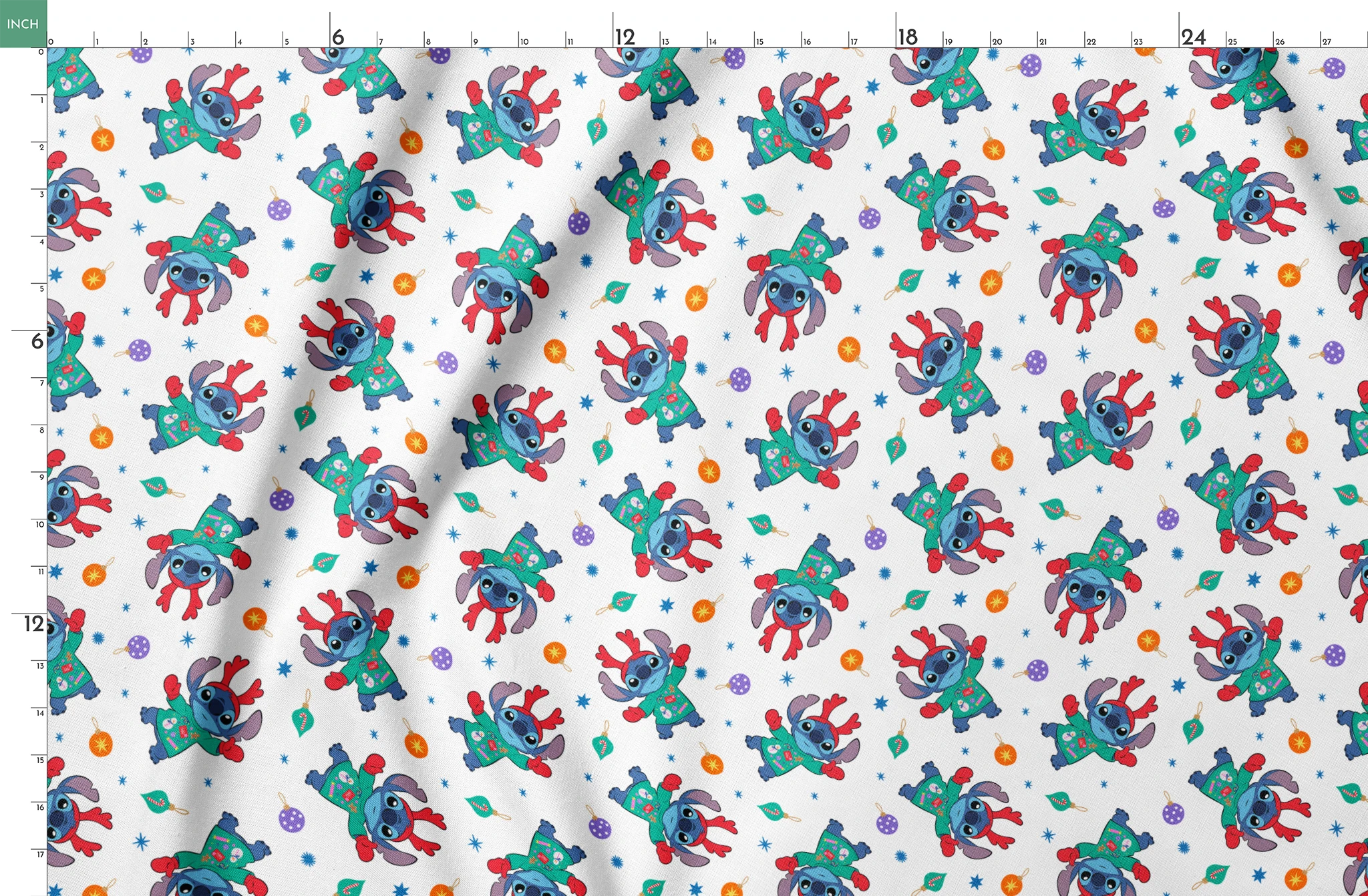 Disney's Stitch wearing green Christmas sweater and red scarf in repeating pattern with ornaments and stars. springs fatquarter mockup