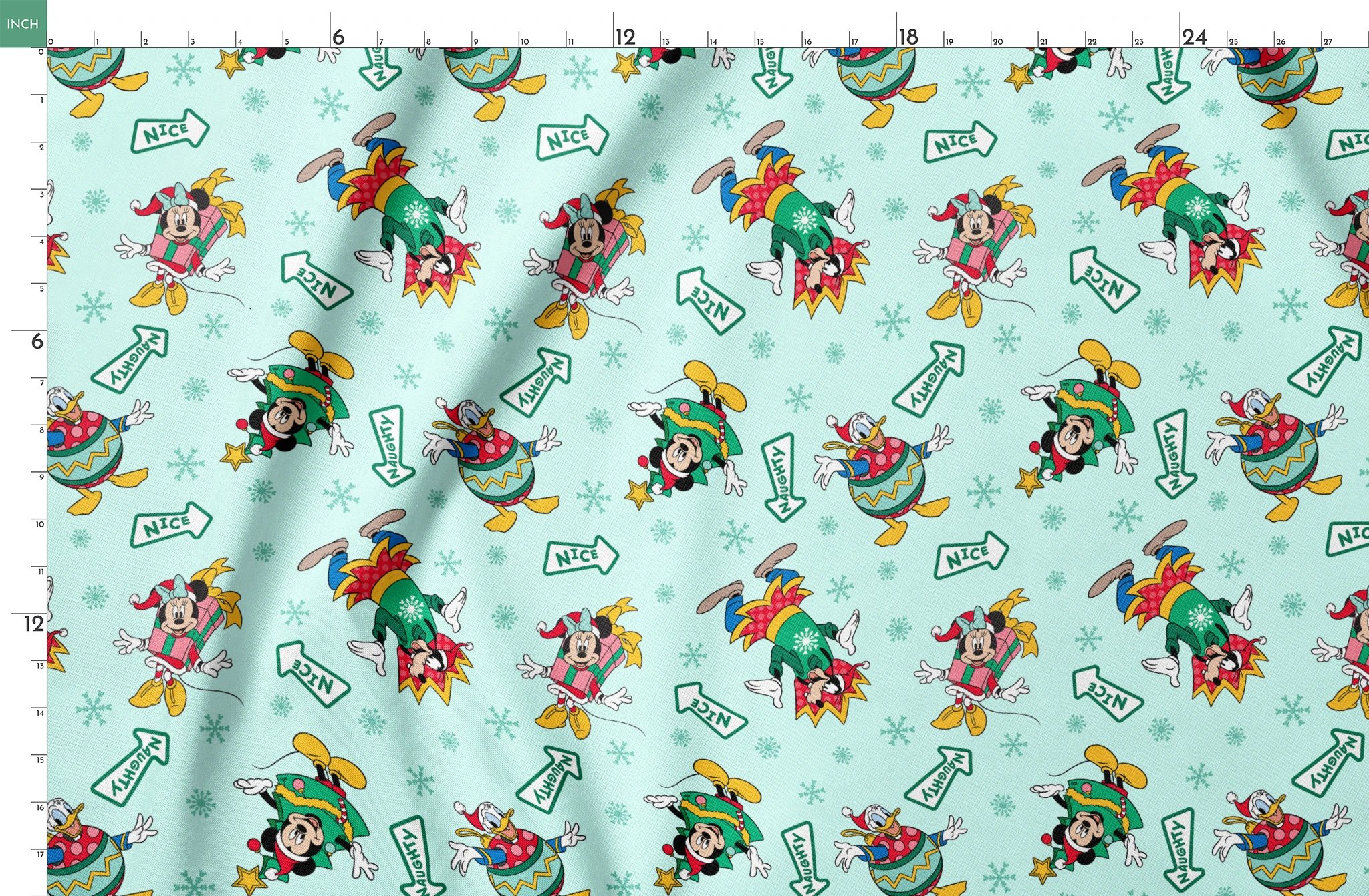 Disney character pattern with Minnie and Mickey in festive holiday outfits on light blue background with snowflakes and "Nice" signs. springs fatquarter mockup