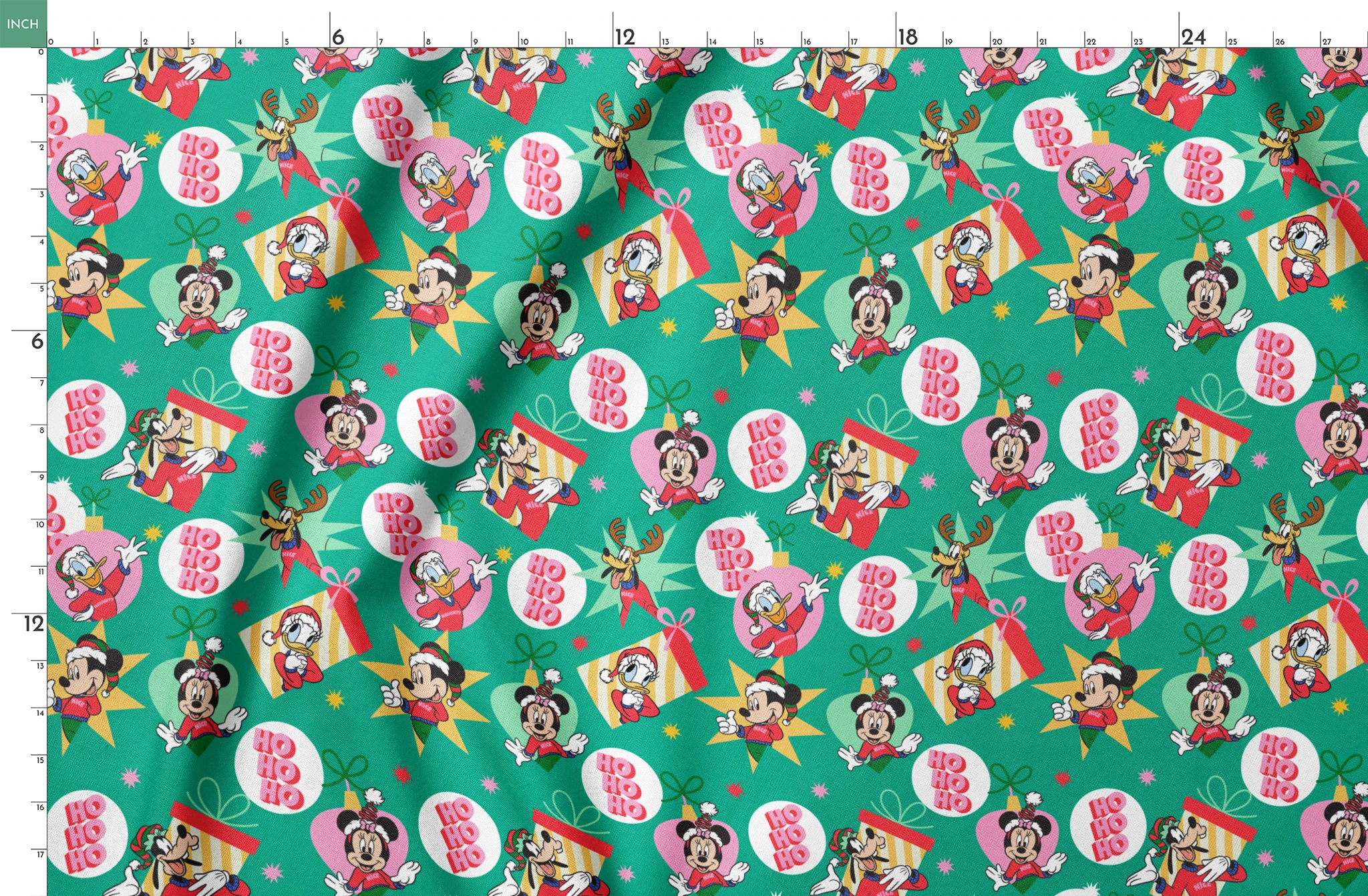 Festive Disney characters on green holiday pattern with "Ho Ho Ho" text and Christmas ornaments springs fatquarter mockup