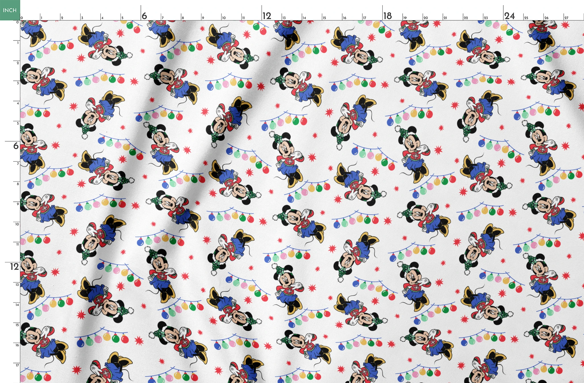 Minnie Mouse in Santa hats with blue outfits surrounded by colorful string lights and red stars on white background springs fatquarter mockup