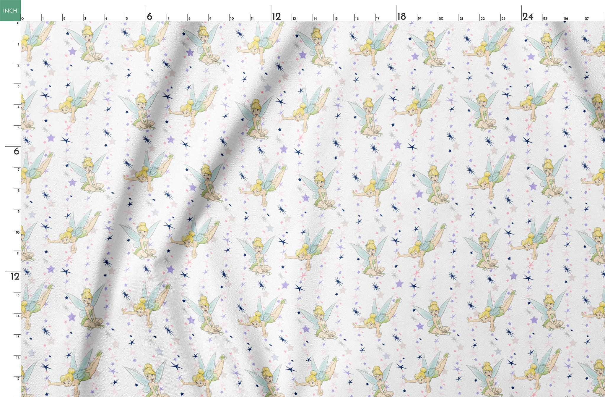 Whimsical Tinker Bell in green dresses surrounded by stars springs fatquarter mockup