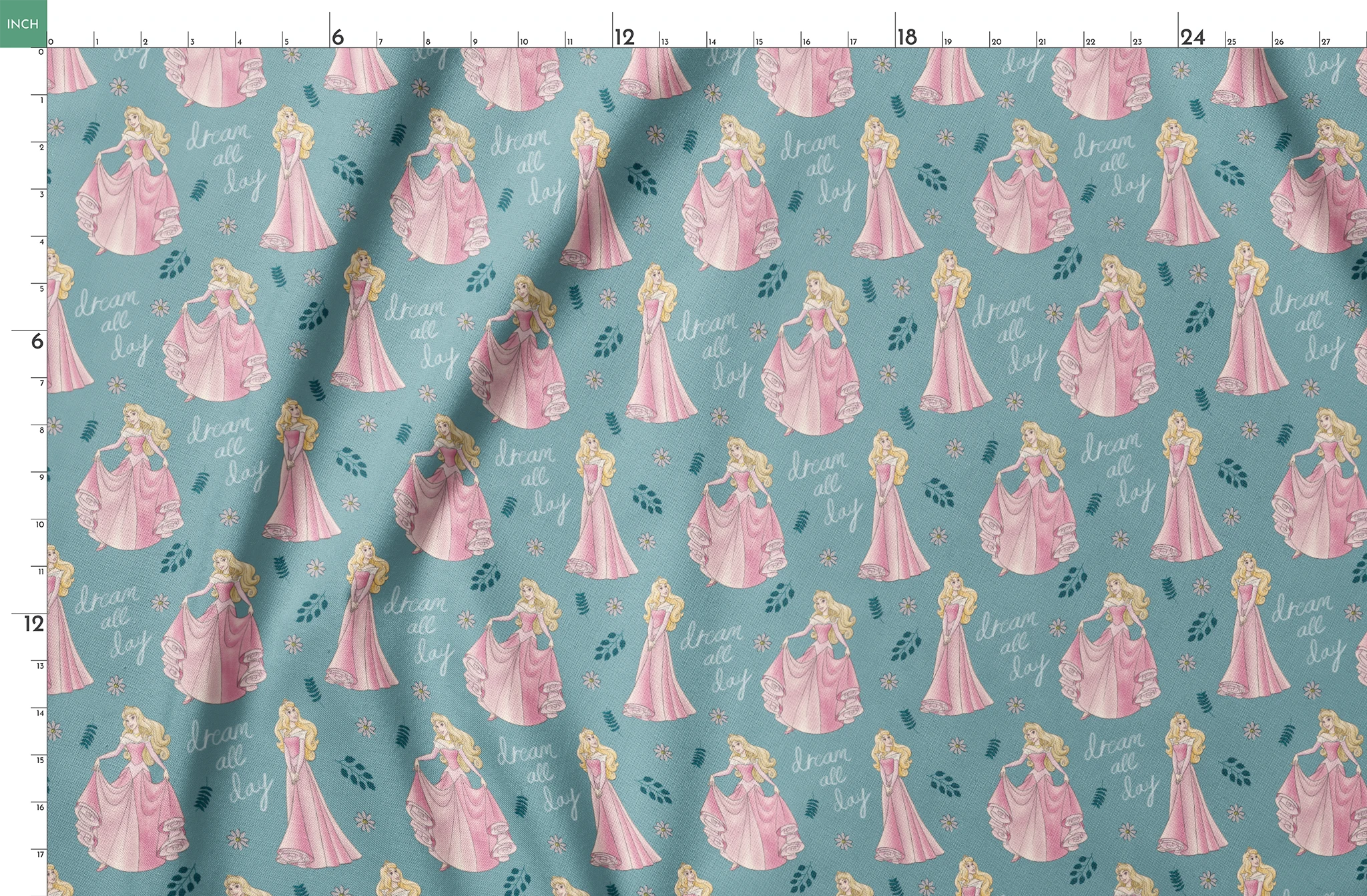 Sleeping Beauty pattern with "dream all day" text on teal background with floral elements springs fatquarter mockup