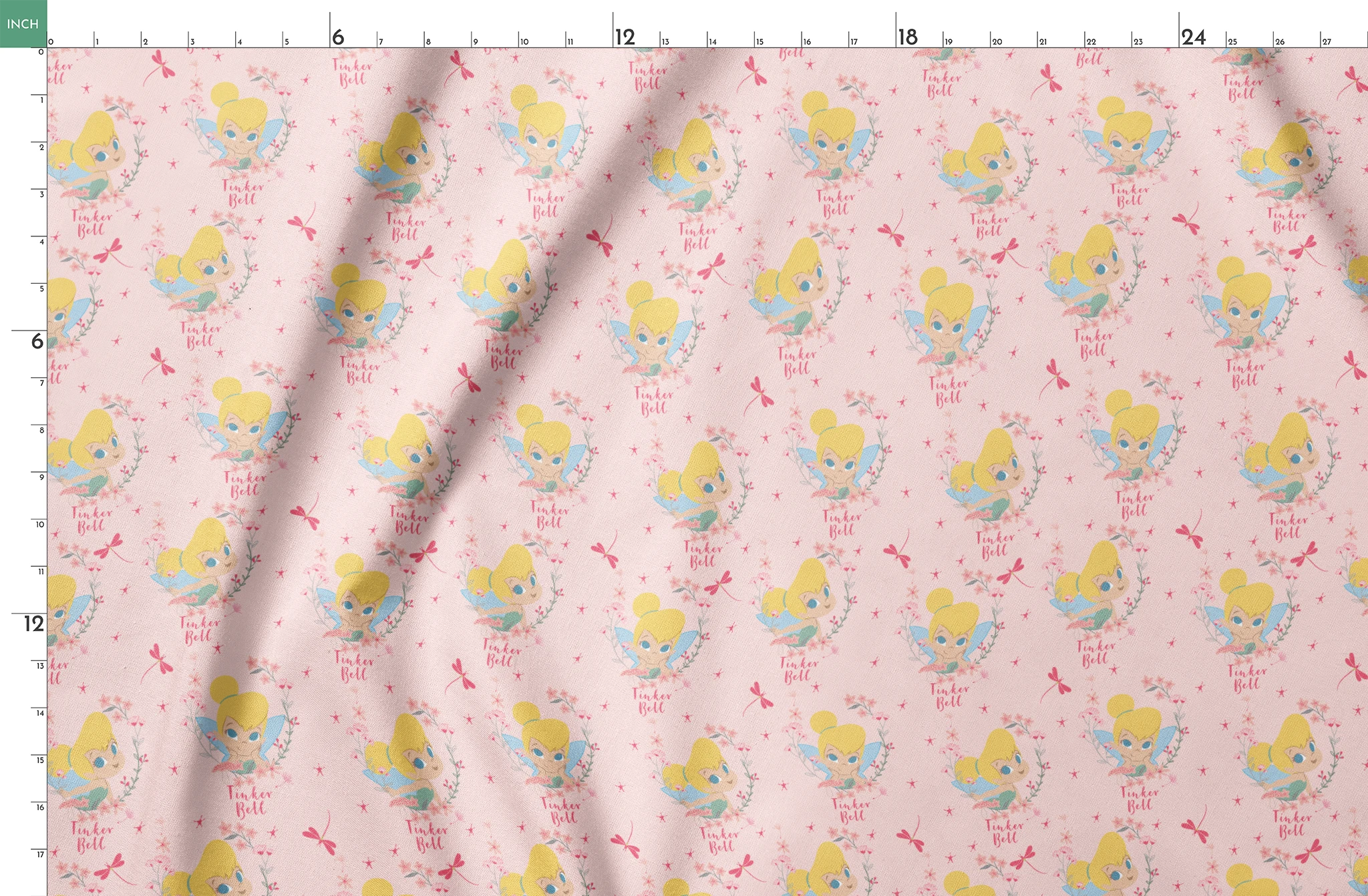 Pink background with Tinker Bell surrounded by flowers, stars, and dragonflies springs fatquarter mockup