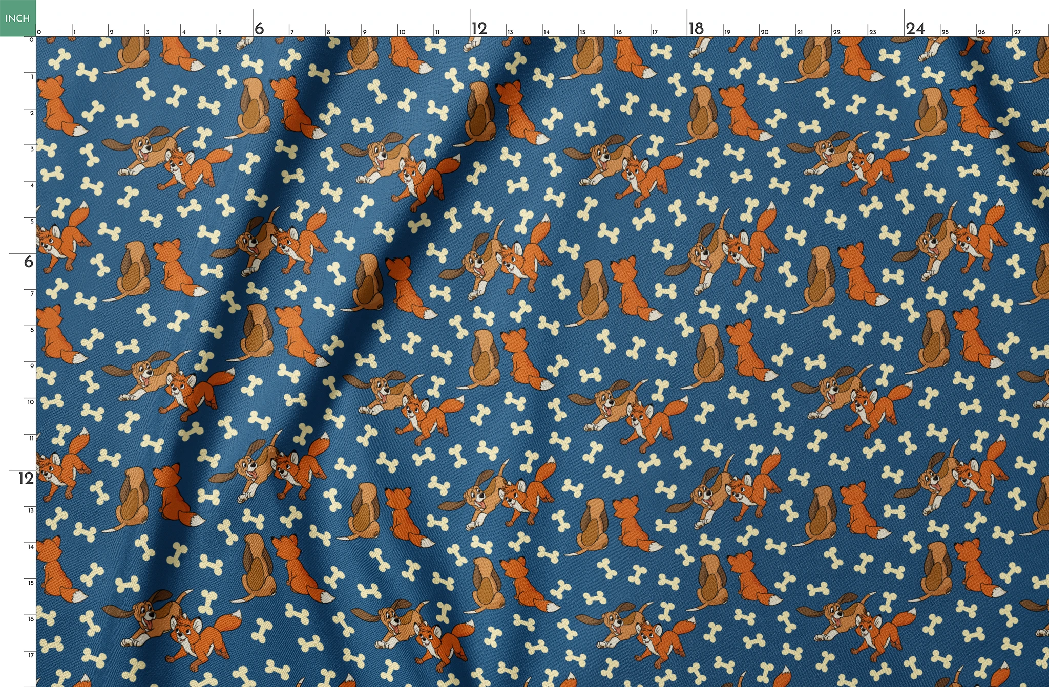 Fox and the Hound characters playing against blue background with scattered bone pattern springs fatquarter mockup