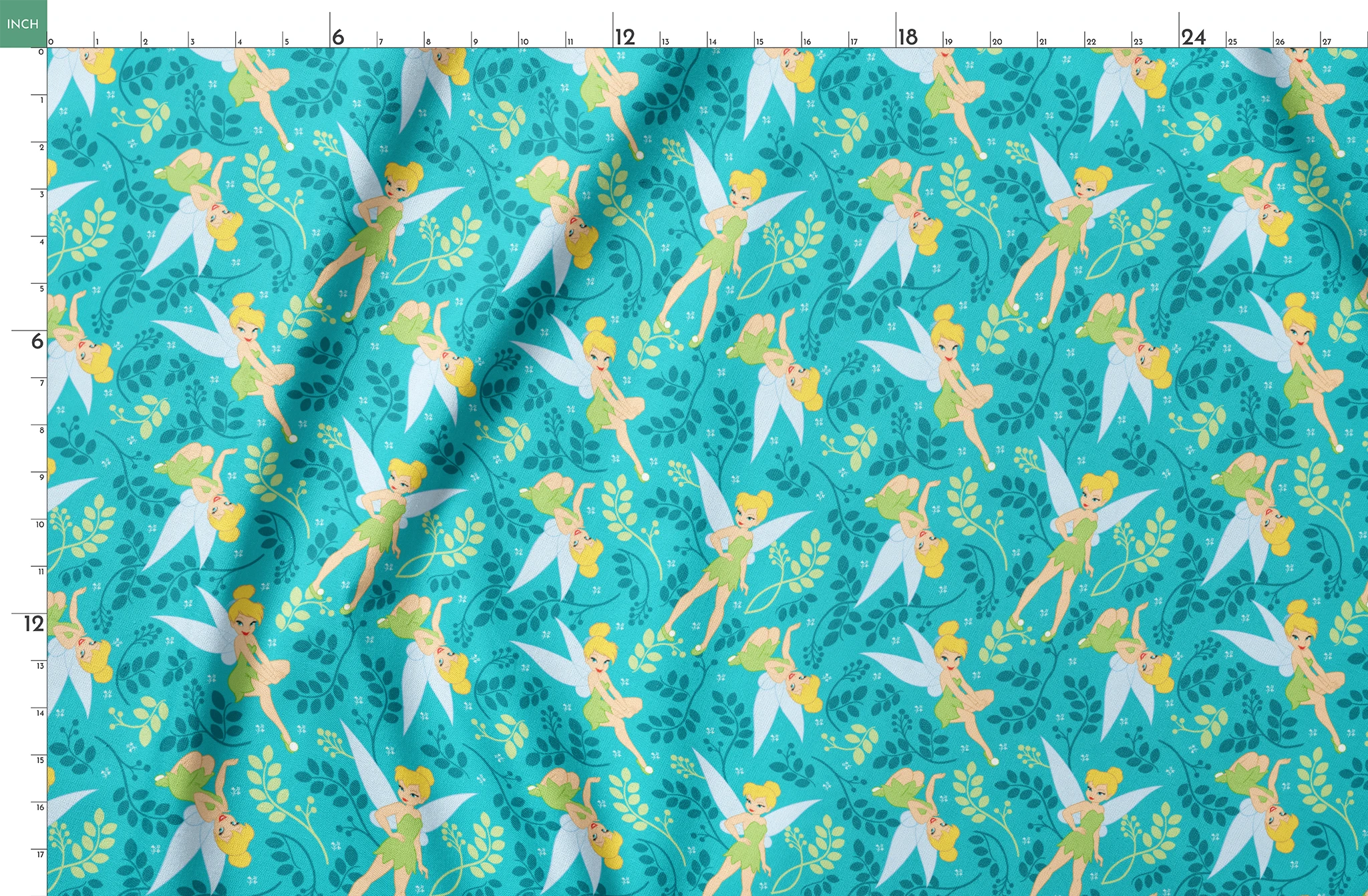 A whimsical pattern featuring Tinker Bell against a teal background with decorative green foliage and yellow accents. springs fatquarter mockup