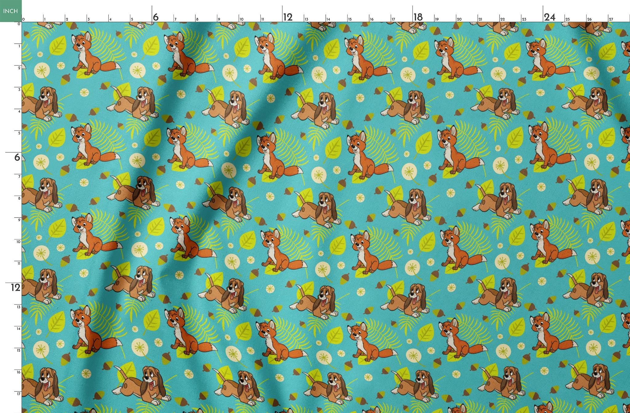 The Fox and the Hound characters on turquoise background with yellow leaves and acorns springs fatquarter mockup