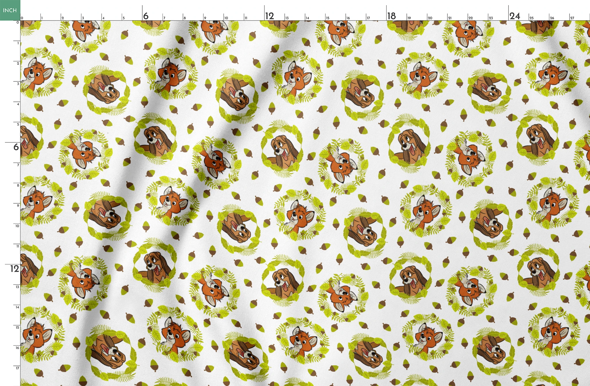 Fox and the Hound characters in green leafy wreaths with scattered acorns on white background springs fatquarter mockup