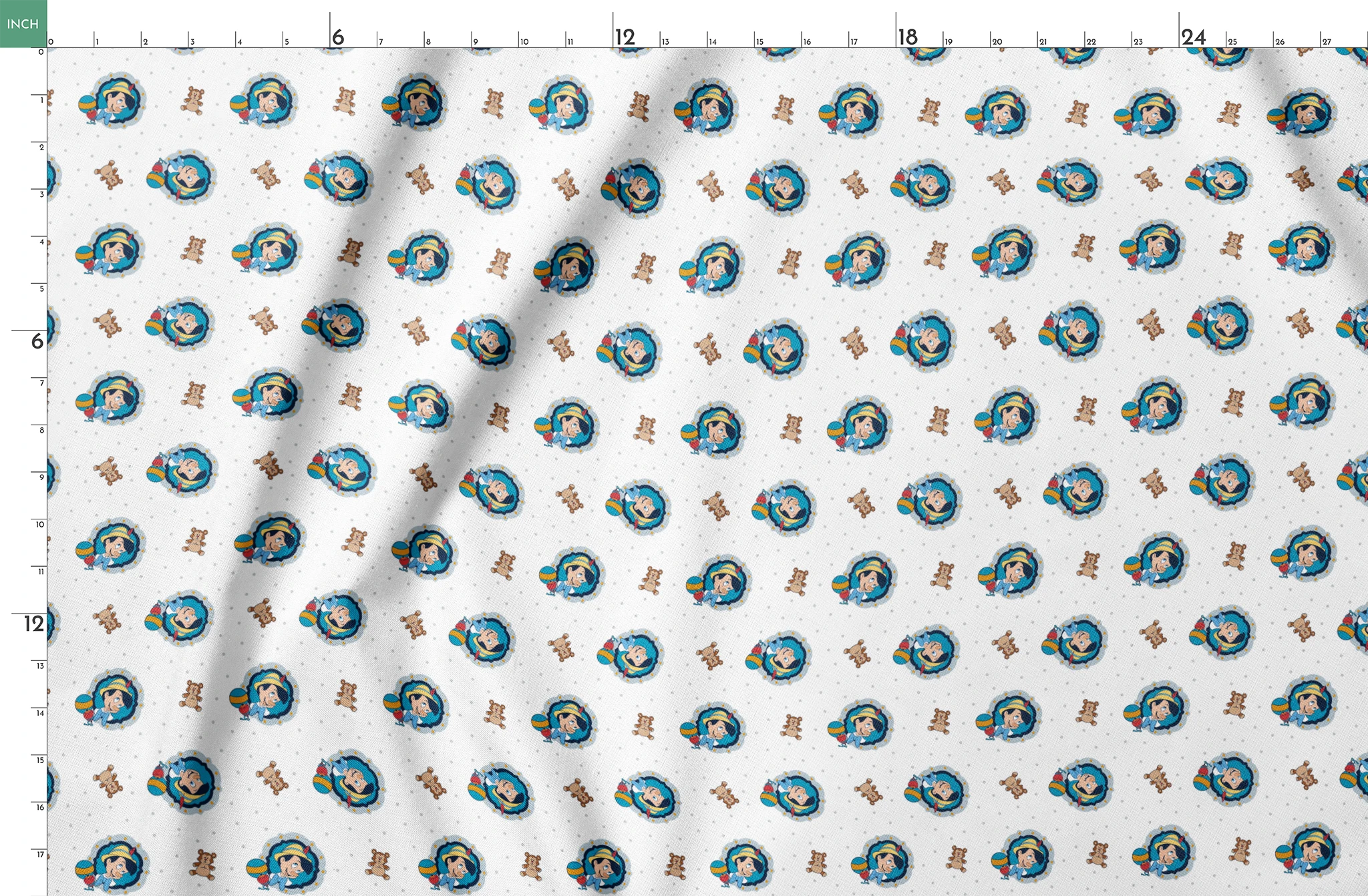 Repeating pattern of cartoon character in blue circle with teddy bears and colorful balls on light dotted background springs fatquarter mockup