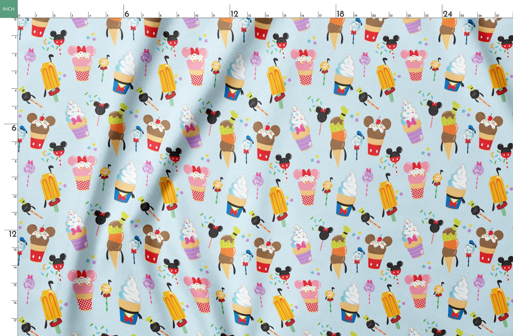 Disney-themed ice cream and sweet treats pattern with Mickey and Minnie icons on light blue background springs fatquarter mockup