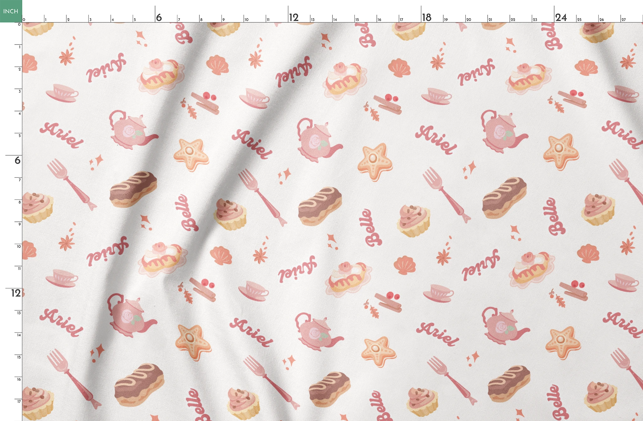 Disney Princess bakery pattern with desserts, teapot, teacup, and text on cream background springs fatquarter mockup