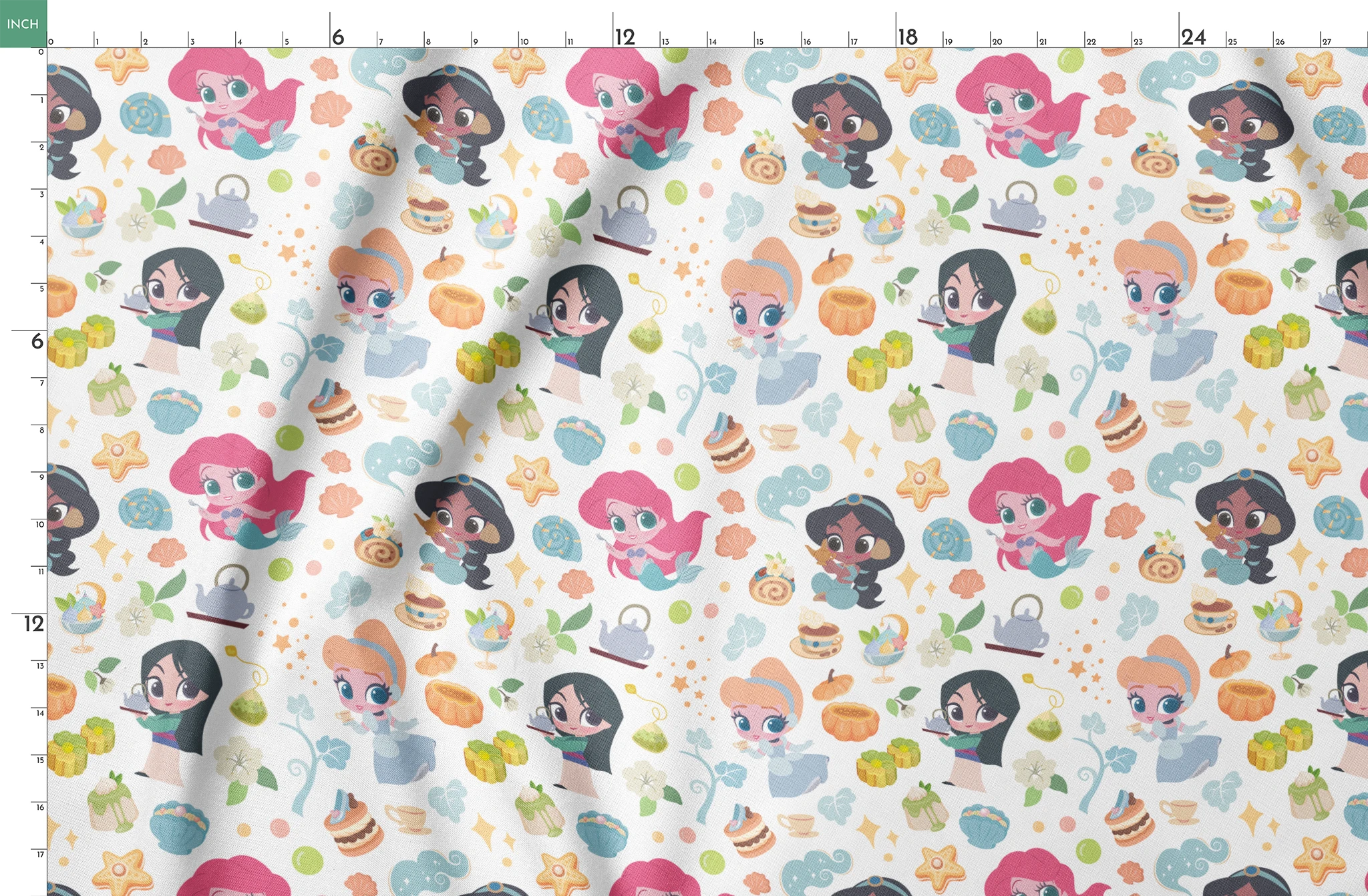 Disney Princess pattern with iconic characters, teapots, shells, sweets and gift boxes on white background springs fatquarter mockup
