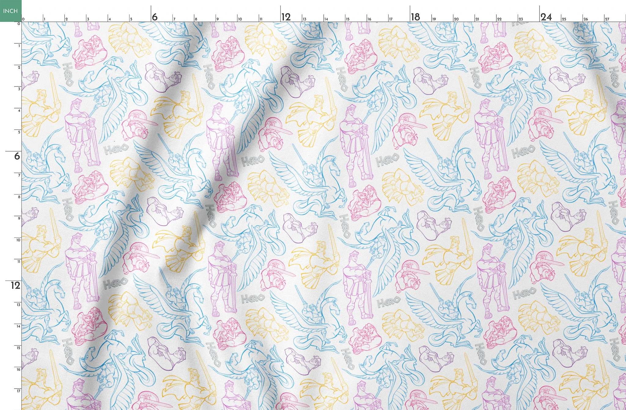 Colorful line art drawings of Hercules characters in blue, purple, and yellow outlines springs fatquarter mockup
