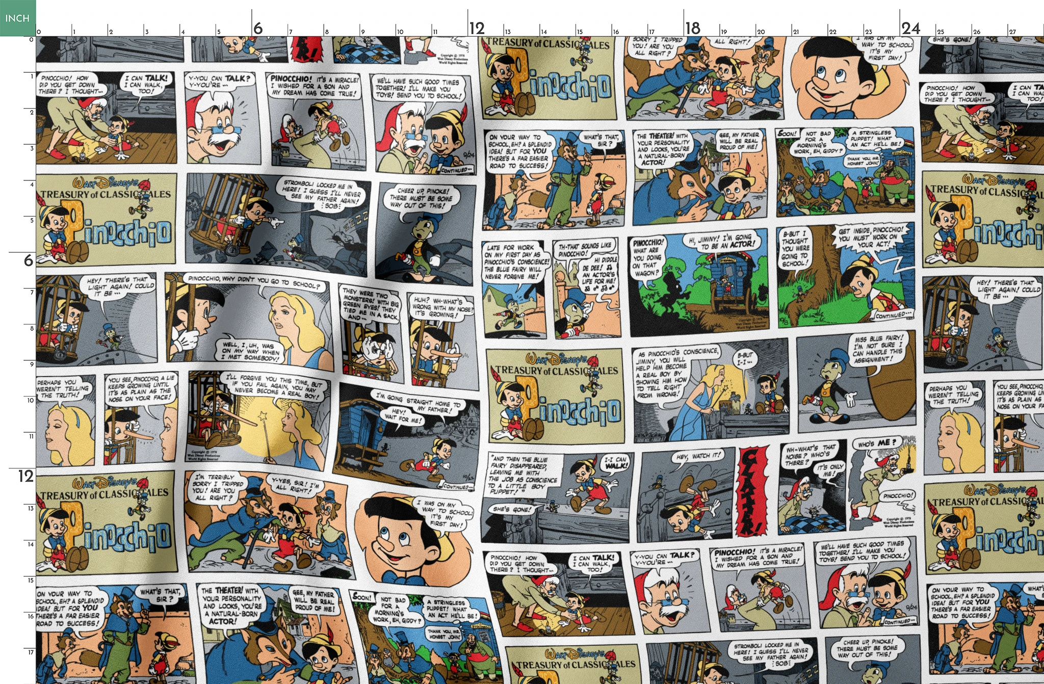 Comic strip collage featuring multiple panels from vintage comics with colorful characters, speech bubbles, and various cartoon scenes arranged in a grid pattern. springs fatquarter mockup
