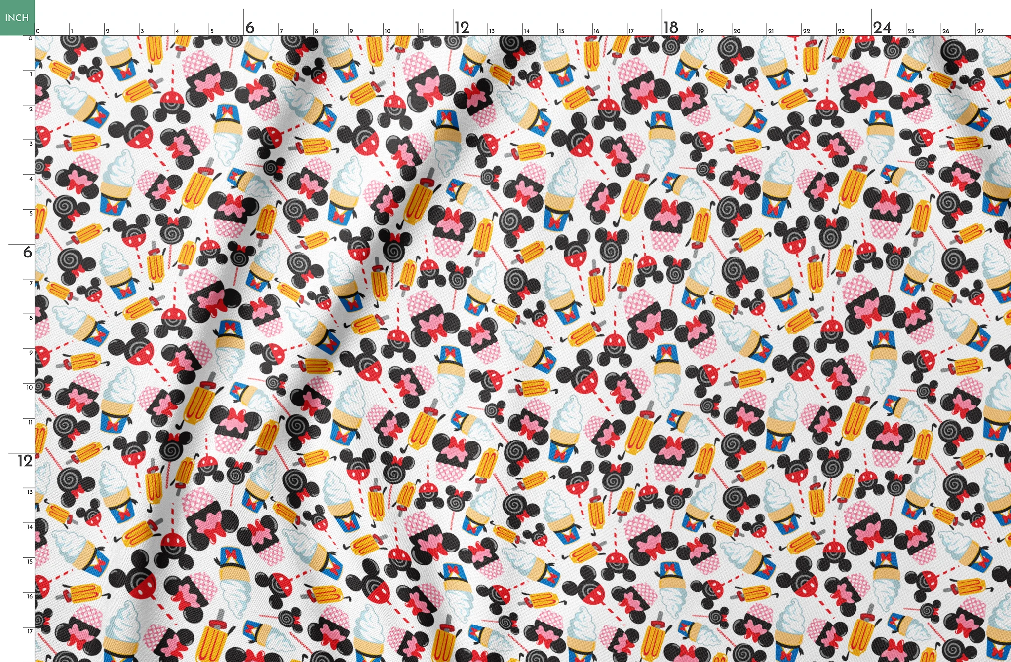 Disney-inspired pattern with ice cream cones and colorful swirled decorative elements on white background springs fatquarter mockup