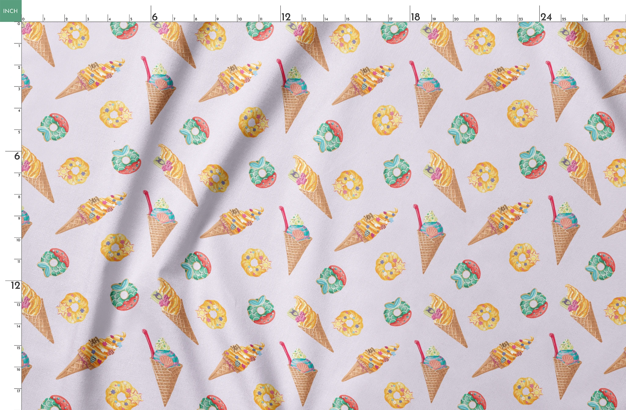 Colorful Disney Princess-inspired ice cream cones and donuts in pastel colors on light purple background springs fatquarter mockup
