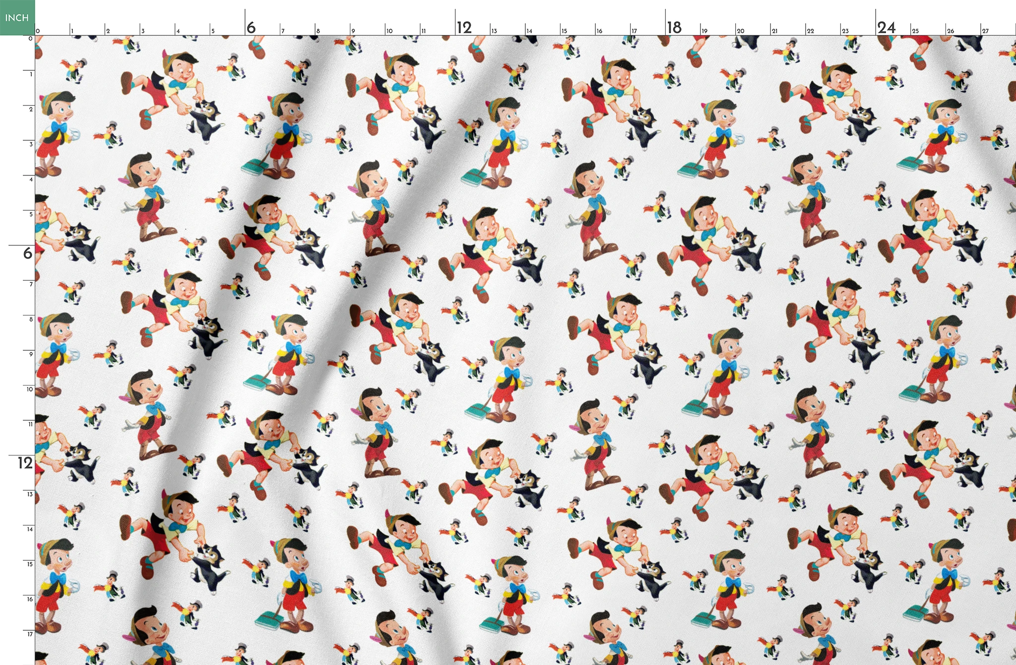 Pattern of cartoon wooden puppet characters with long noses, red shorts, blue bow ties, and black cats scattered on white background springs fatquarter mockup