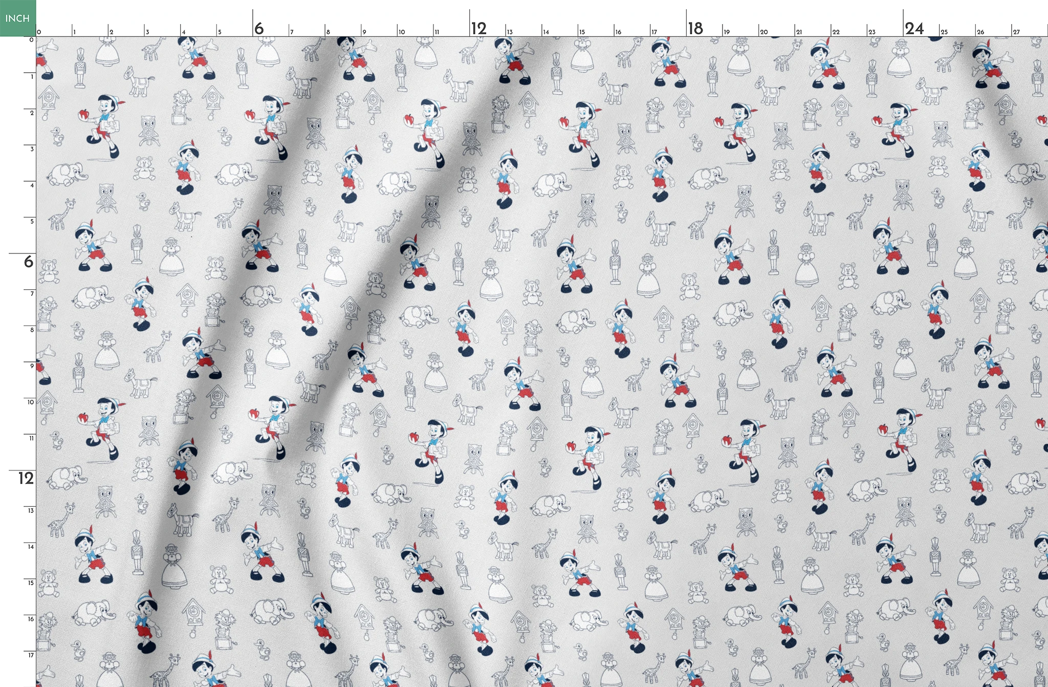 Pattern of vintage cartoon characters including Pinocchio and assorted animals on a light background with red and blue accents springs fatquarter mockup