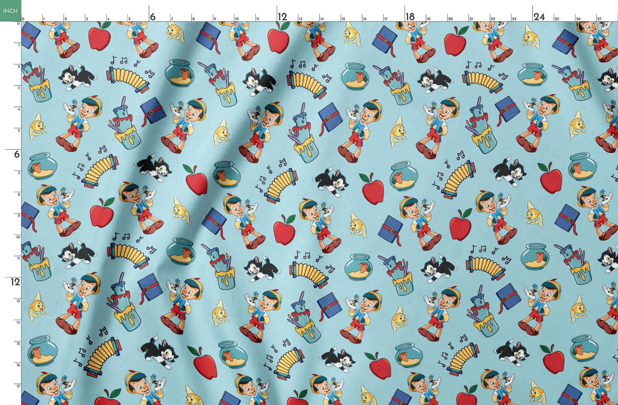 Cartoon pattern with wooden puppets, red apples, musical notes, goldfish bowls, cats, and books on light blue background springs fatquarter mockup