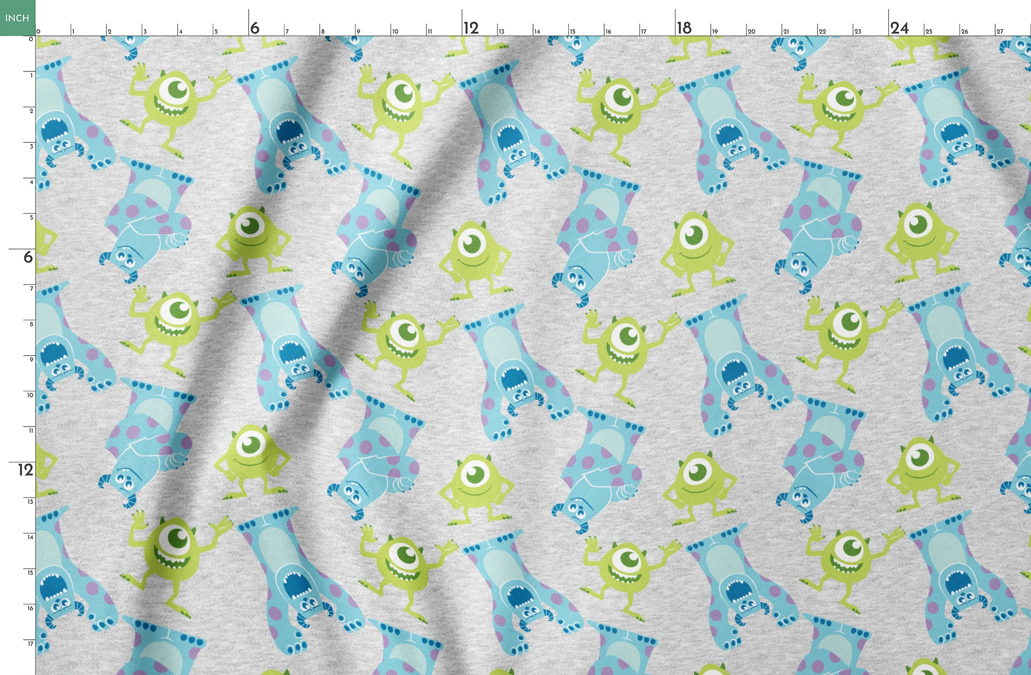 Cartoon pattern of Monsters Inc characters on light gray background springs fatquarter mockup