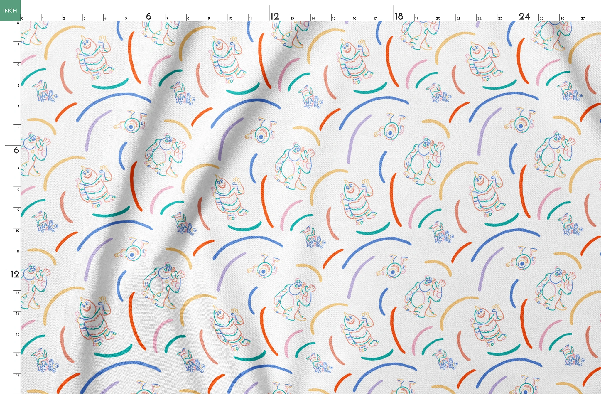 Colorful line drawing pattern with Monsters Inc characters surrounded by curved arcs in rainbow colors springs fatquarter mockup