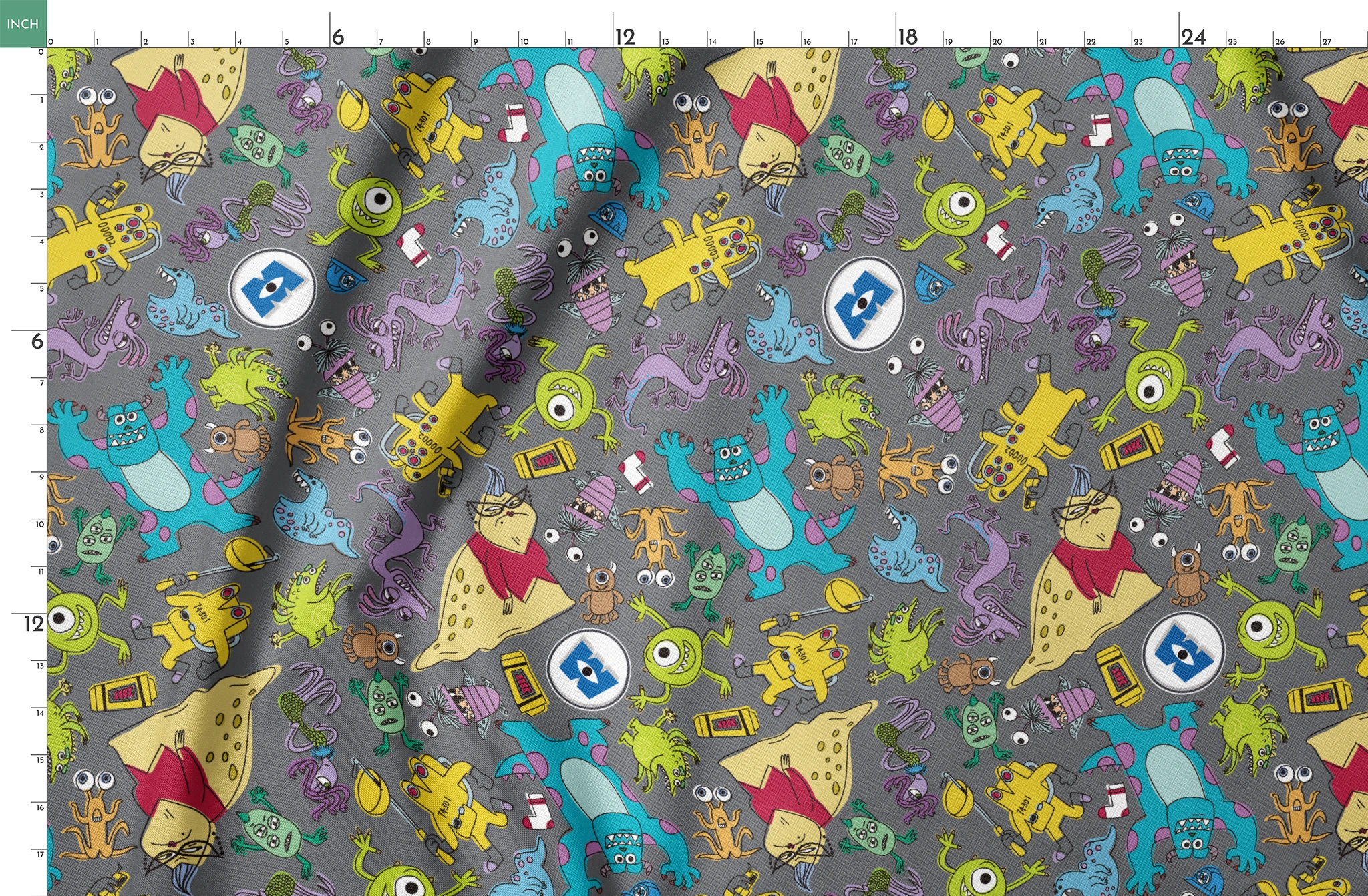 Colorful Monsters Inc pattern with various whimsical creatures in yellow, blue, green, and purple on a gray background. springs fatquarter mockup