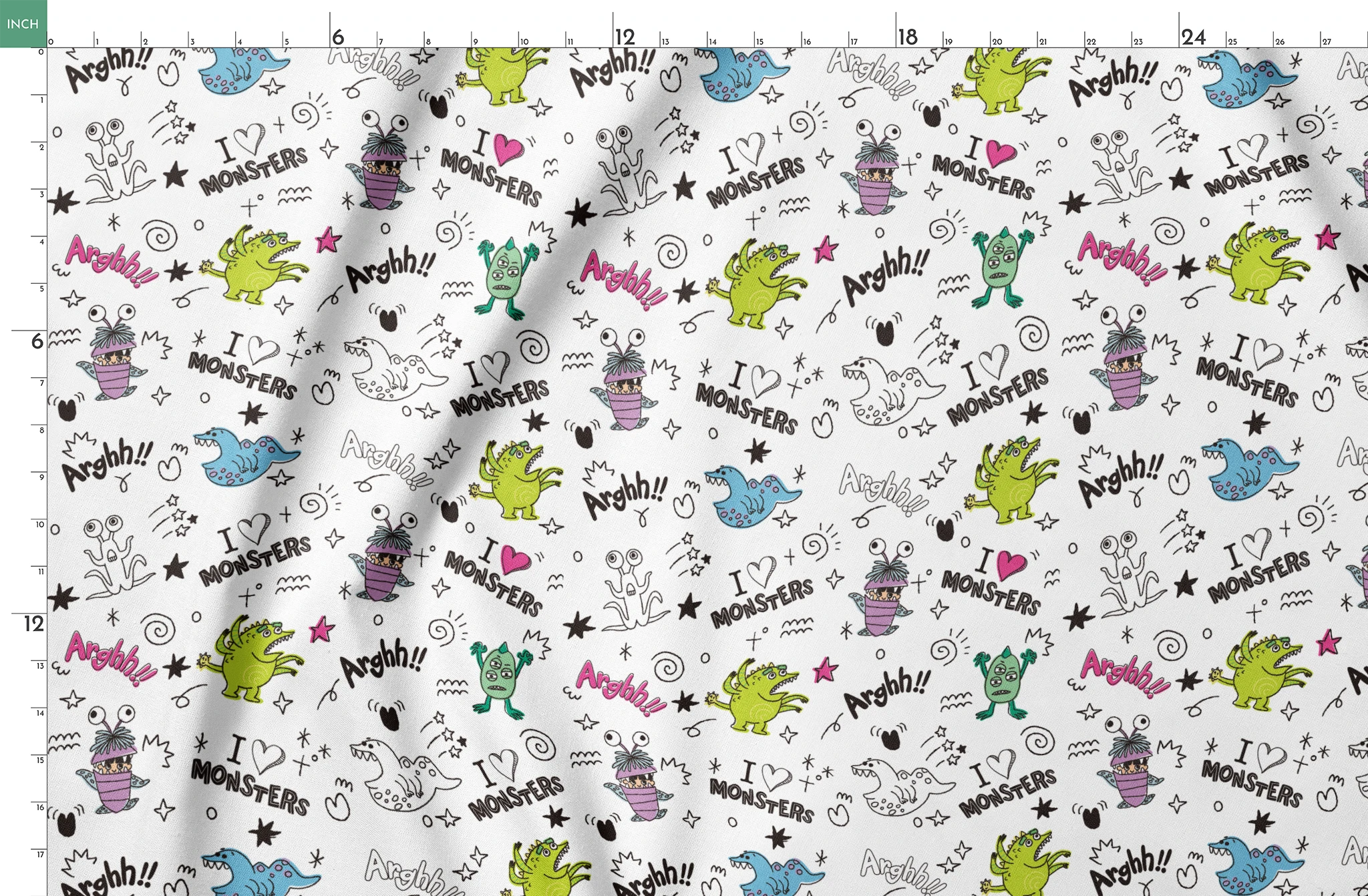 Colorful cartoon monster doodles with "I ♥ MONSTERS" and "Arghh!!" text in playful pattern style springs fatquarter mockup