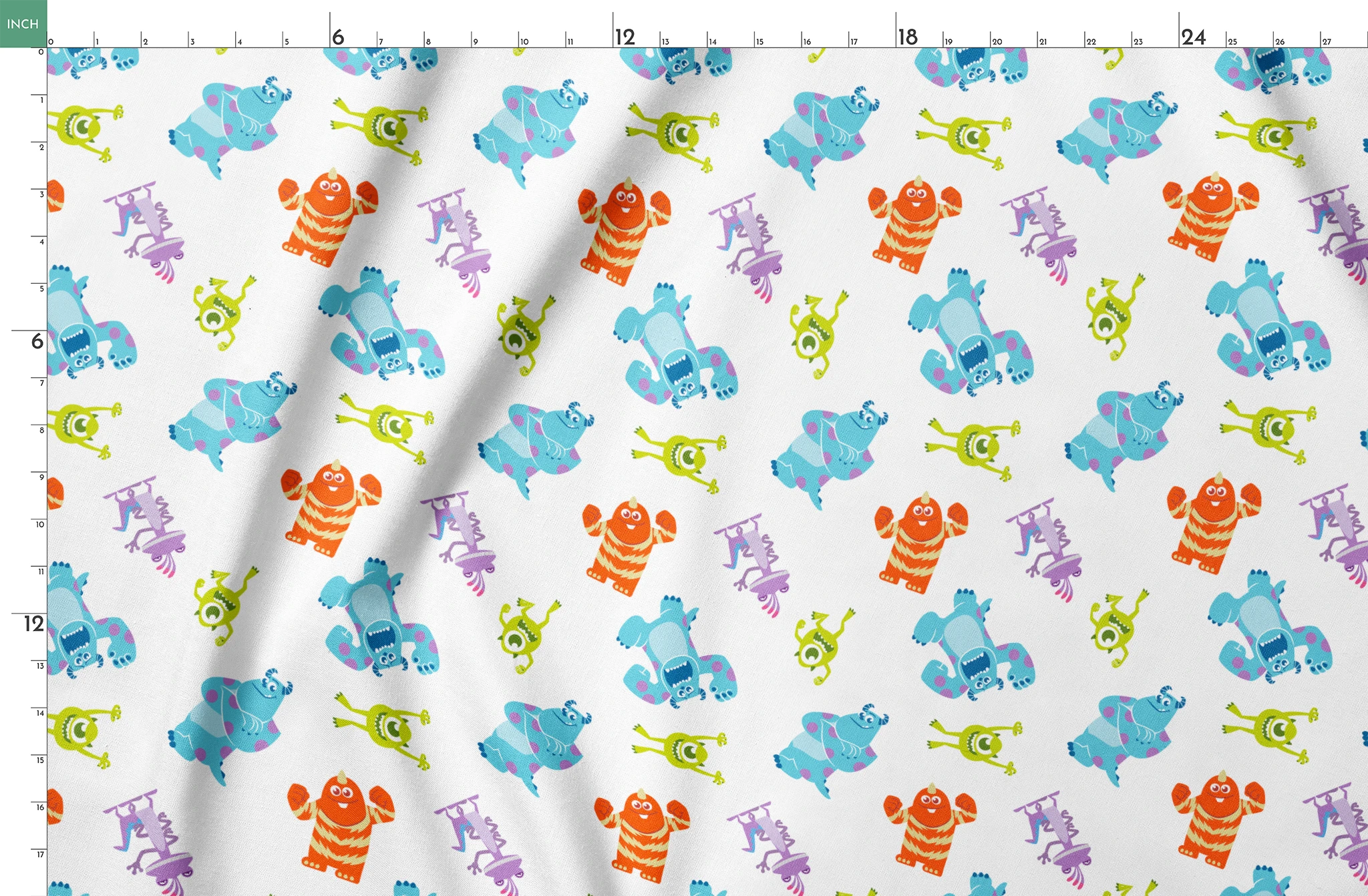 Cartoon monsters pattern with colorful characters - blue, green, purple and orange creatures on white background springs fatquarter mockup
