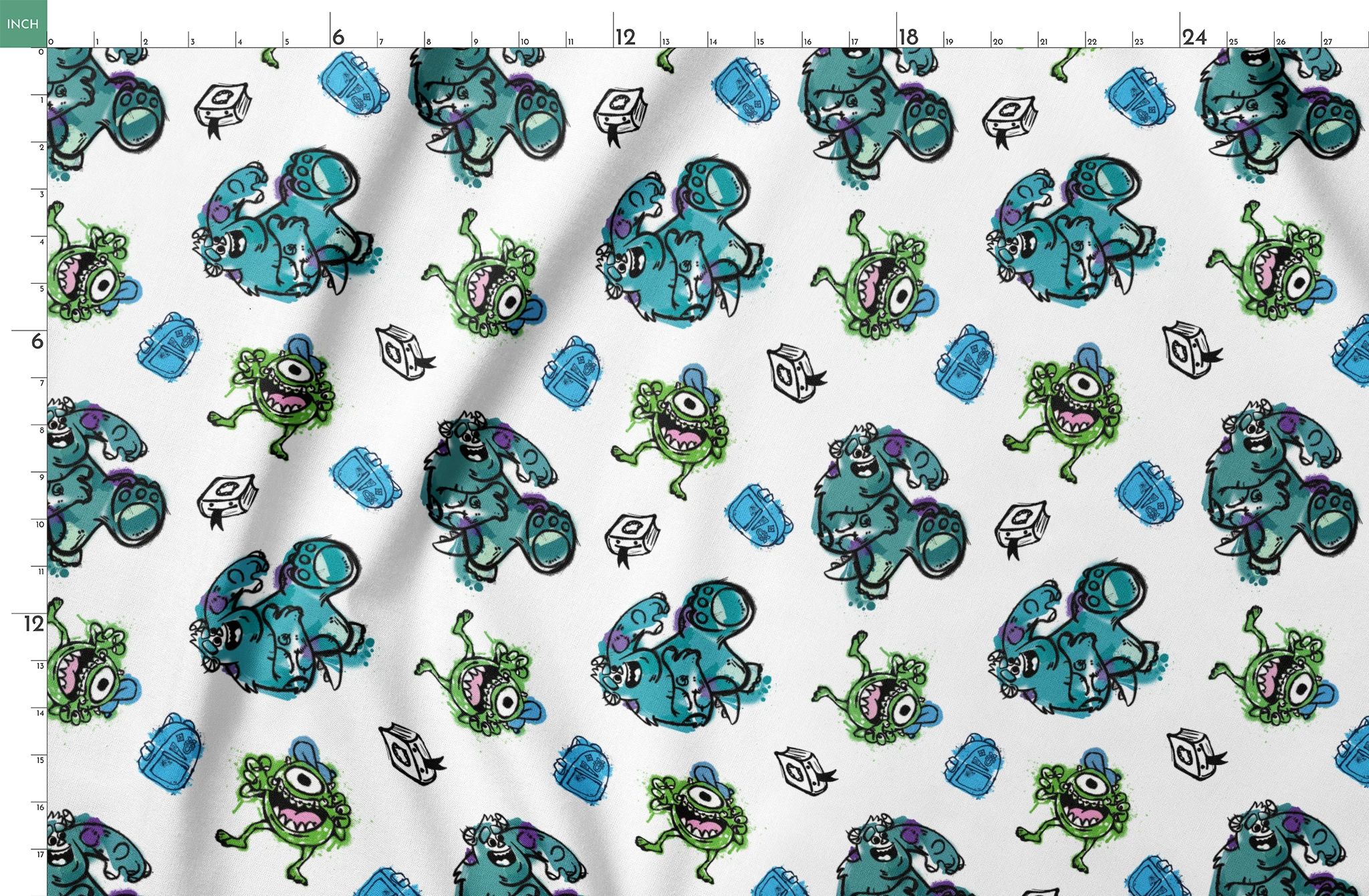 Colorful Monsters Inc pattern with turquoise, green creatures and small boxes on white background springs fatquarter mockup