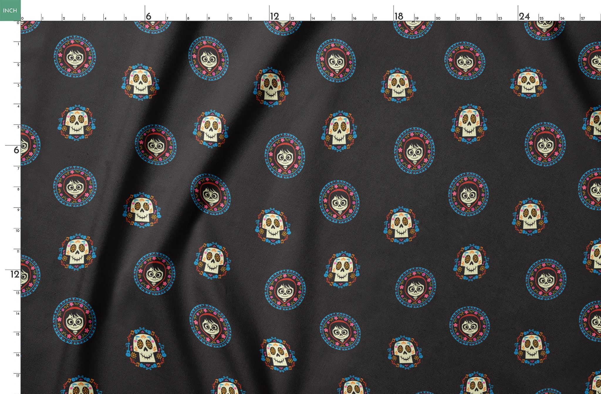 Colorful Coco sugar skull pattern with decorative circular borders on black background springs fatquarter mockup